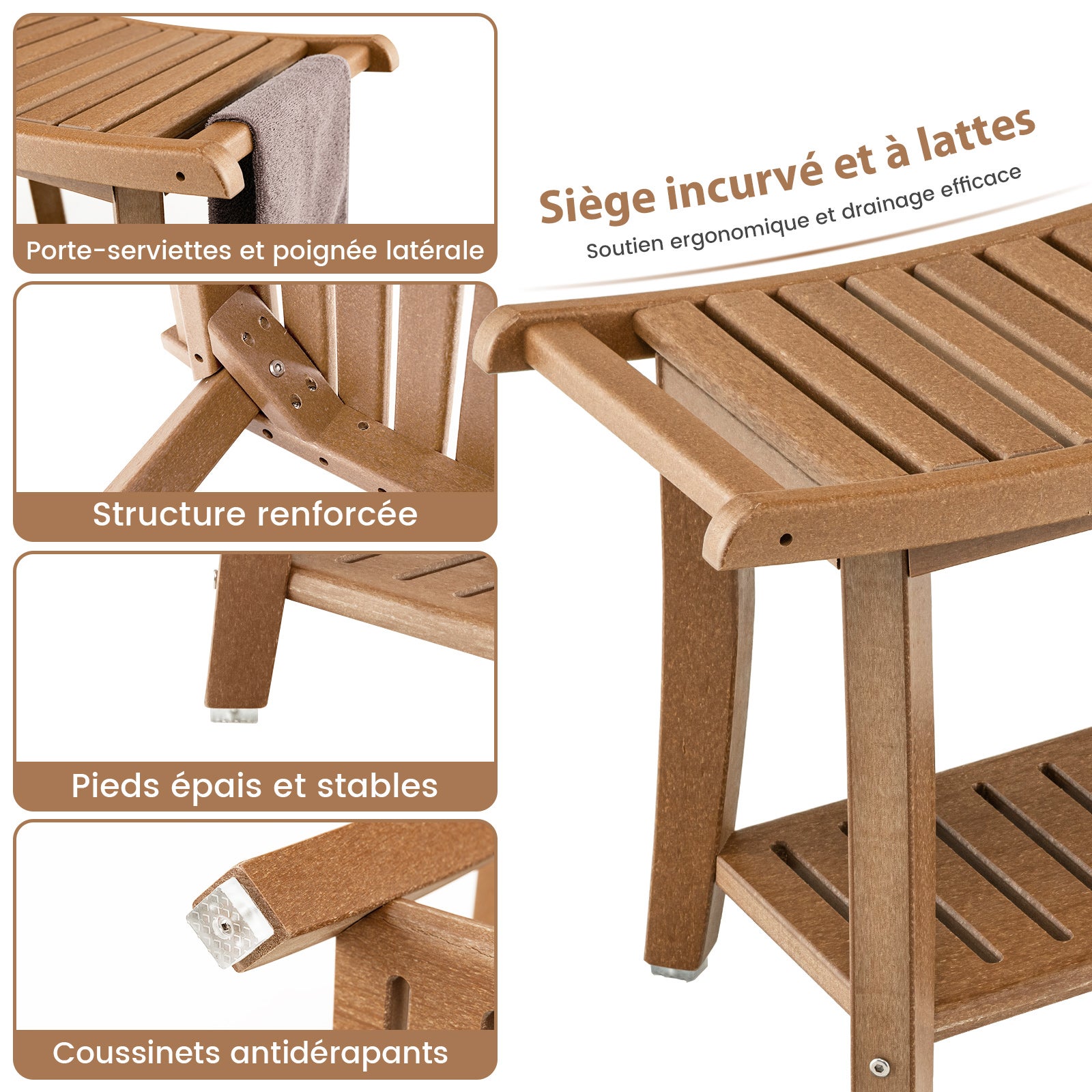 Tabouret Salle de Bain 2 Niveaux en PEHD Étanche, Banc de Douche Antidérapants Siège Incurvé pour Enfants et Adultes Charge 150kg, Marron - 3