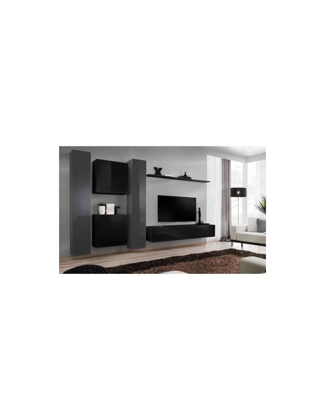 Ensemble Meuble Salon Mural Switch Vi Design Coloris Noir Et Gris Brillant Leroy Merlin