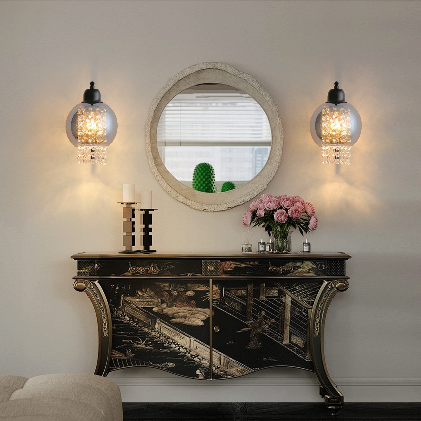 NETTLIFE Szary dymny szklany kinkiet z kryształową kulą E27 do sypialni, nowoczesna lampa wewnętrzna do przedpokoju - 7