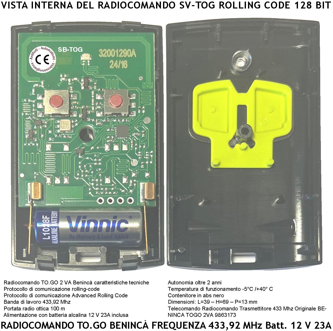Radiocomandi Trasmettitore 2 Canali Freq. 433,92 MHz Portata 60/100 MT 2 Pezzi TO.GO Codice Advanced Rolling Code 128 Bit Batteria 12V 23A Contenitore - 2