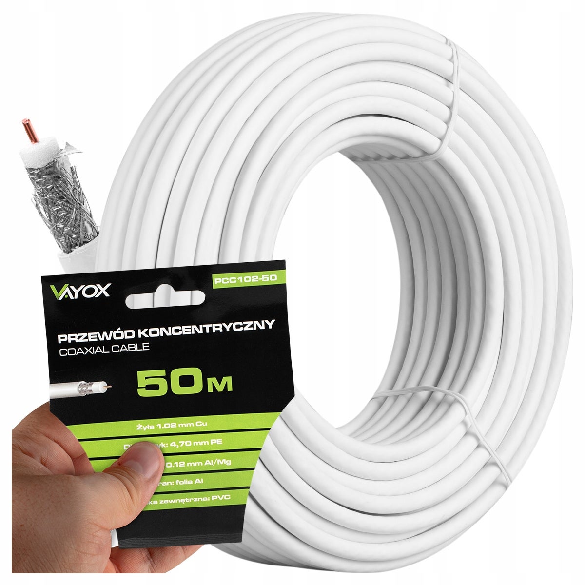 Kabel koncentryczny 50m Vayox PCC102-50 RG6U, Biały