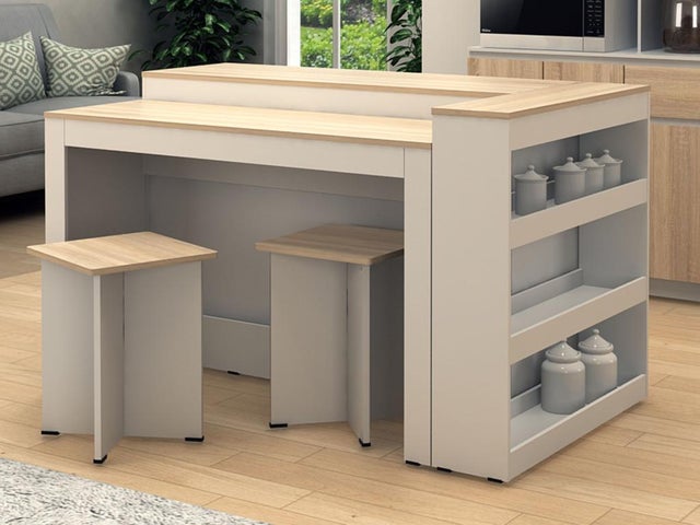 Ensemble îlot central de cuisine + 2 tabourets - Blanc et Naturel clair - NUSICE