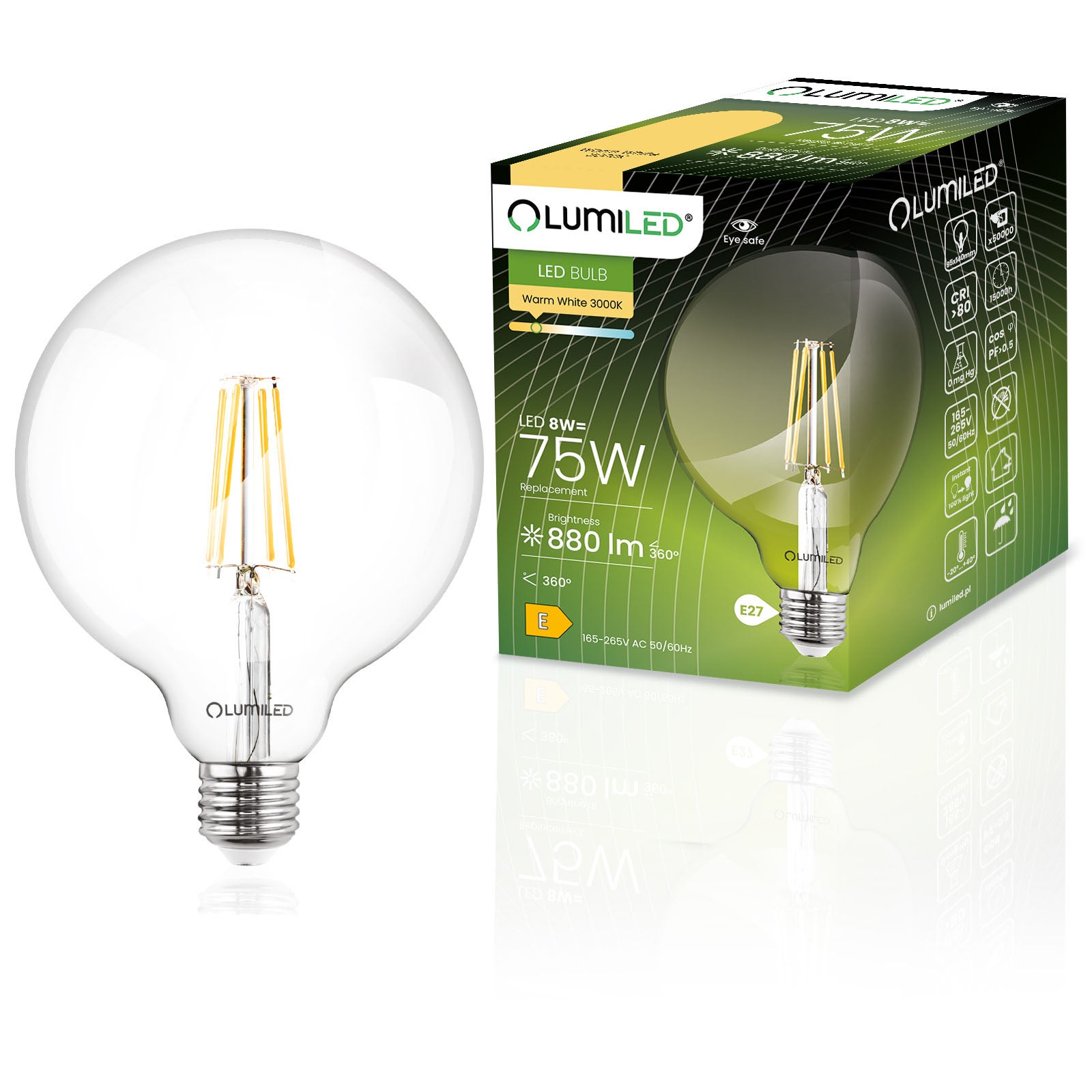 Żarówka LED Lumiled E27 Kula G95 8W 880lm 3000K Ciepła biel 360st Filament 1 szt.