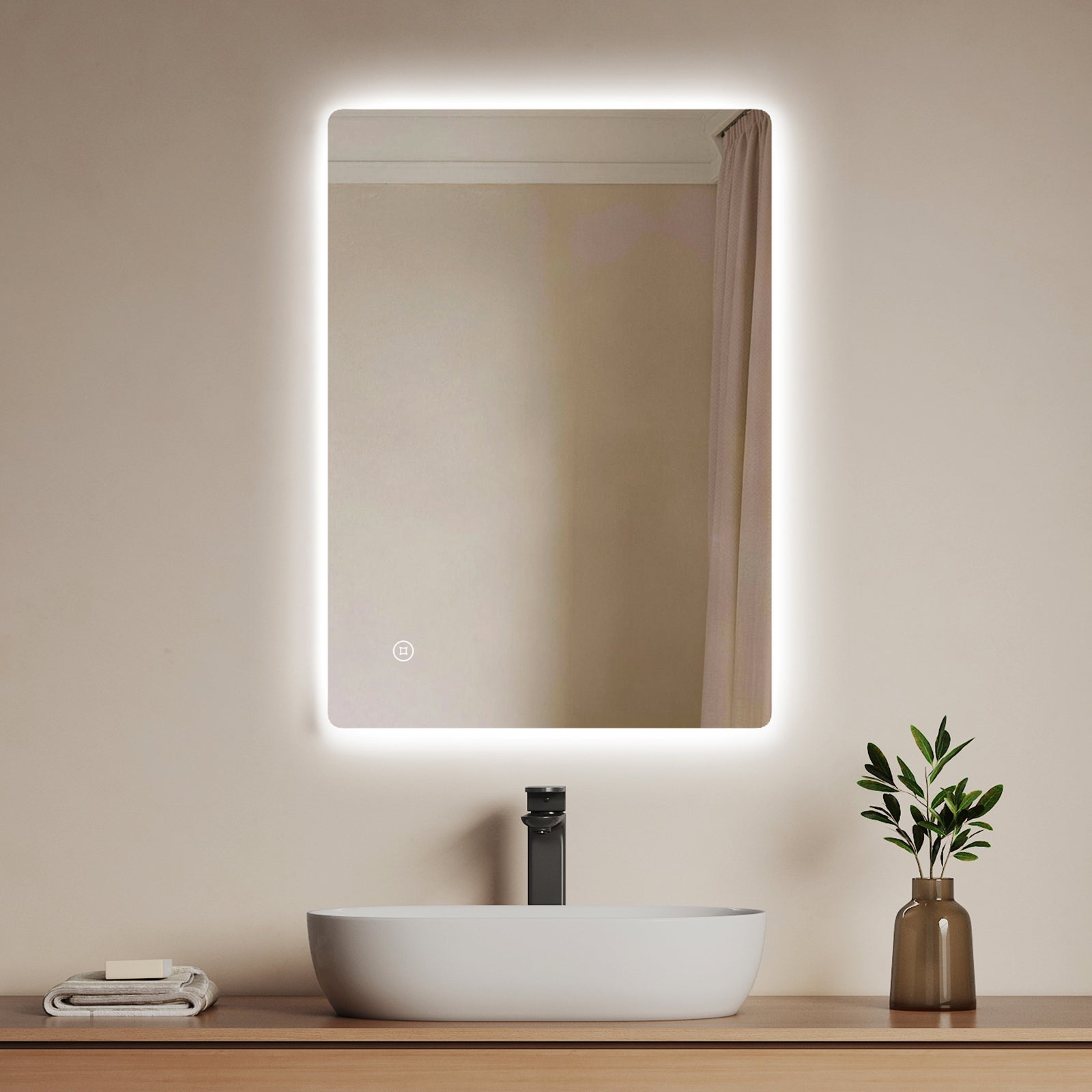 EMKE Lustro łazienkowe z oświetleniem LED 70x50 cm, z 6500K, możliwość ściemniania, funkcja pamięci, przełącznik dotykowy, IP44, bezramowe