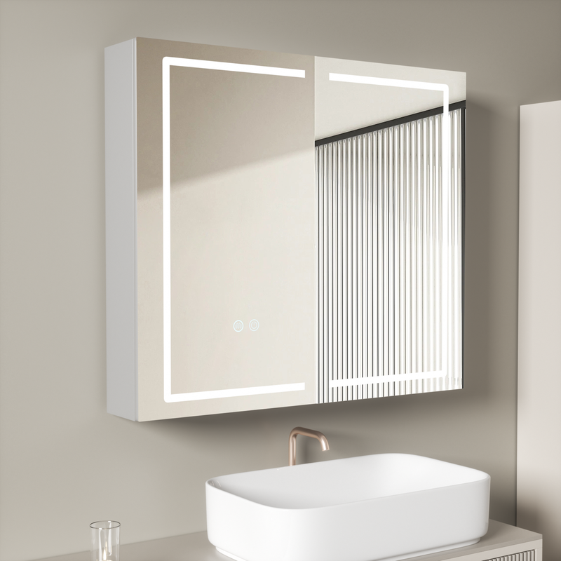 Armario de baño con espejo 80 x 70 cm, armario de pared ya montad,enchufe para afeitadoras,3 colores,brillo ajustable y estantes ajustable