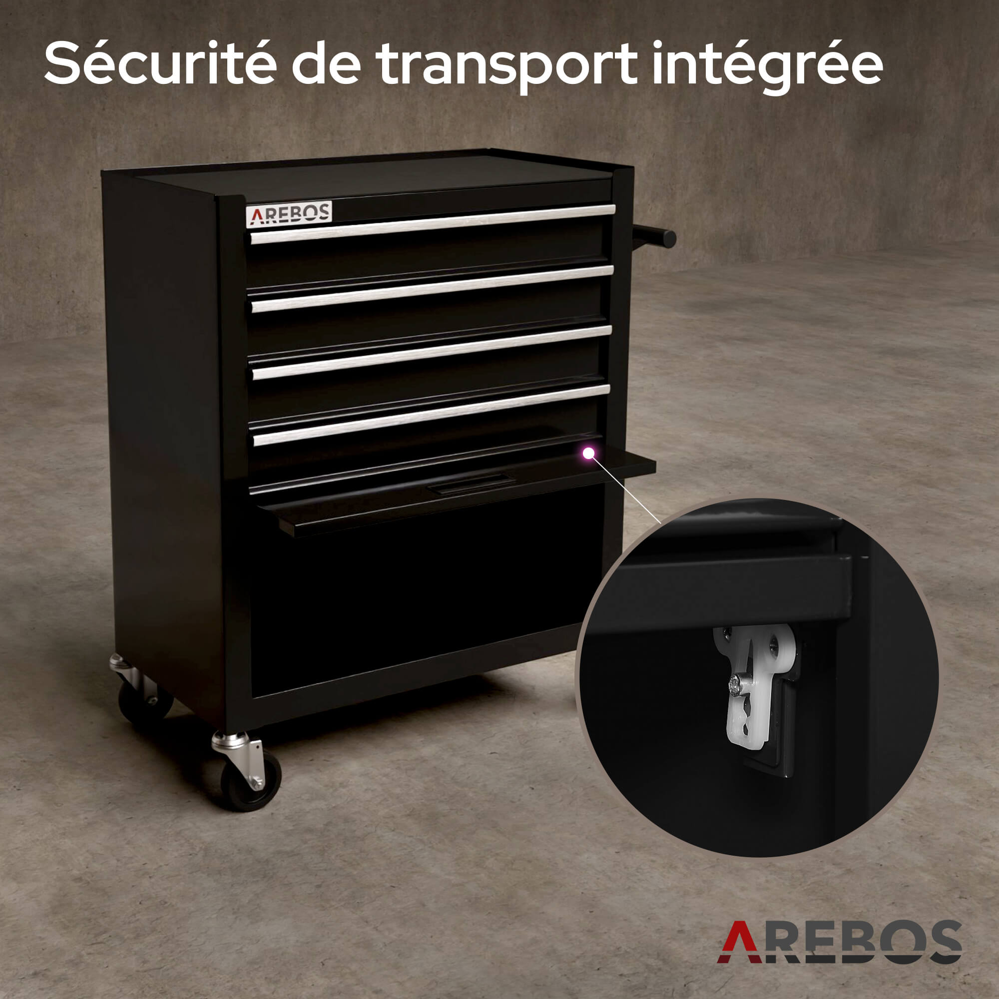 AREBOS Chariot d'Atelier Chariot à Outils 4 Tiroirs + Grand Compartiment Noir 4 roulettes Tapis antidérapants Construction Robuste - 7