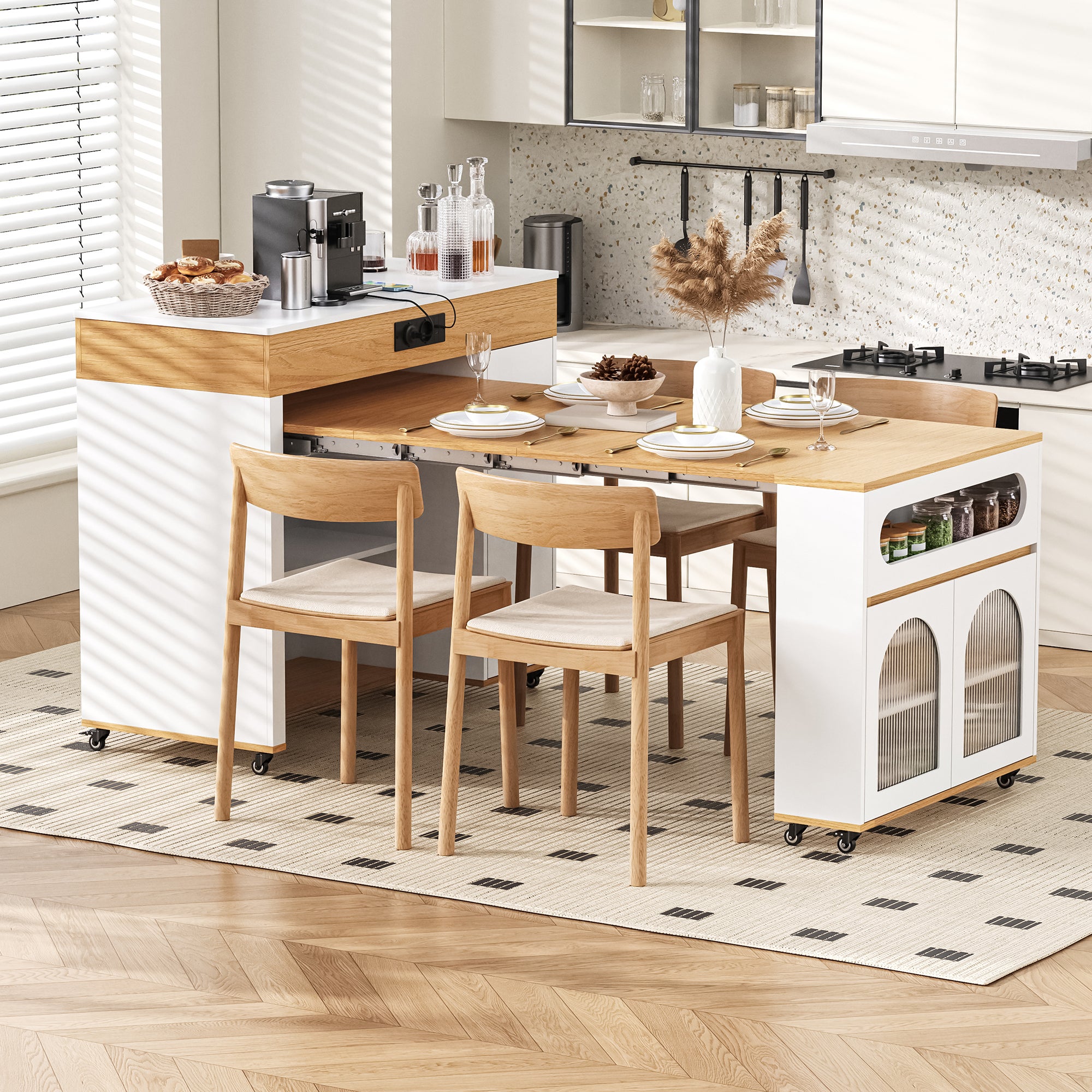 Mobilna wyspa kuchenna z rozkładanym stołem jadalnym, 3 drzwiami i 1 szufladą - 110,5x50,5x95,5 cm - MDF - Gniazdka elektryczne - Biały + naturalny