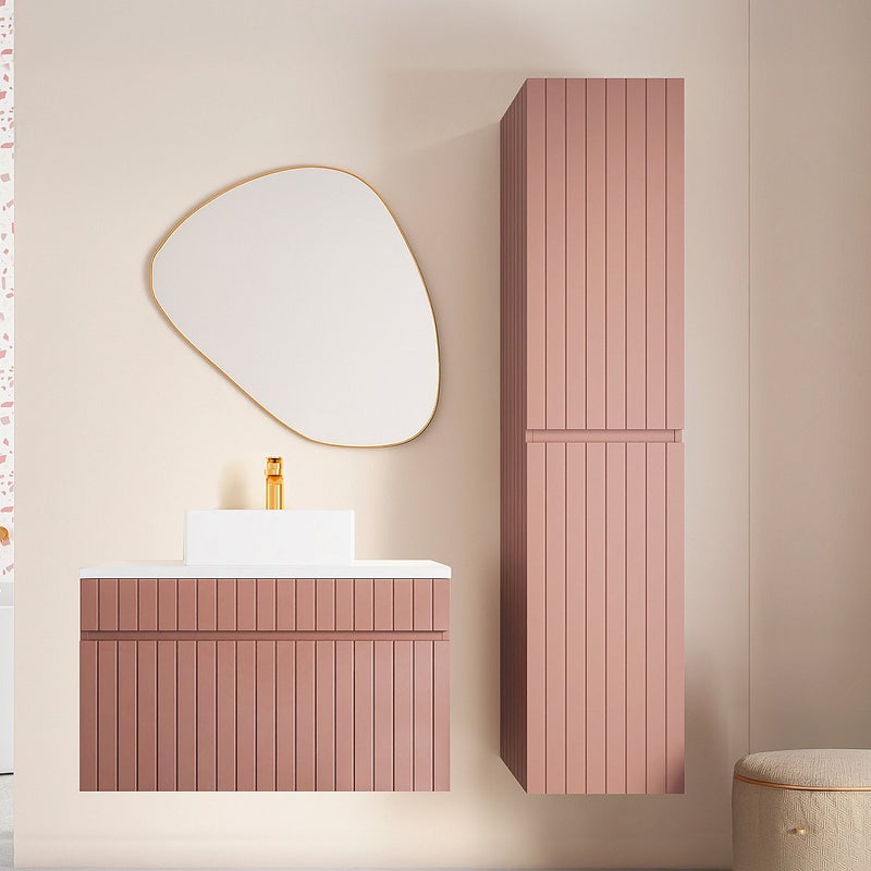 Wisząca szafka łazienkowa w kolorze różowym z prążkowaną fakturą, z umywalką nablatową i słupkiem – 80 cm – SATARA