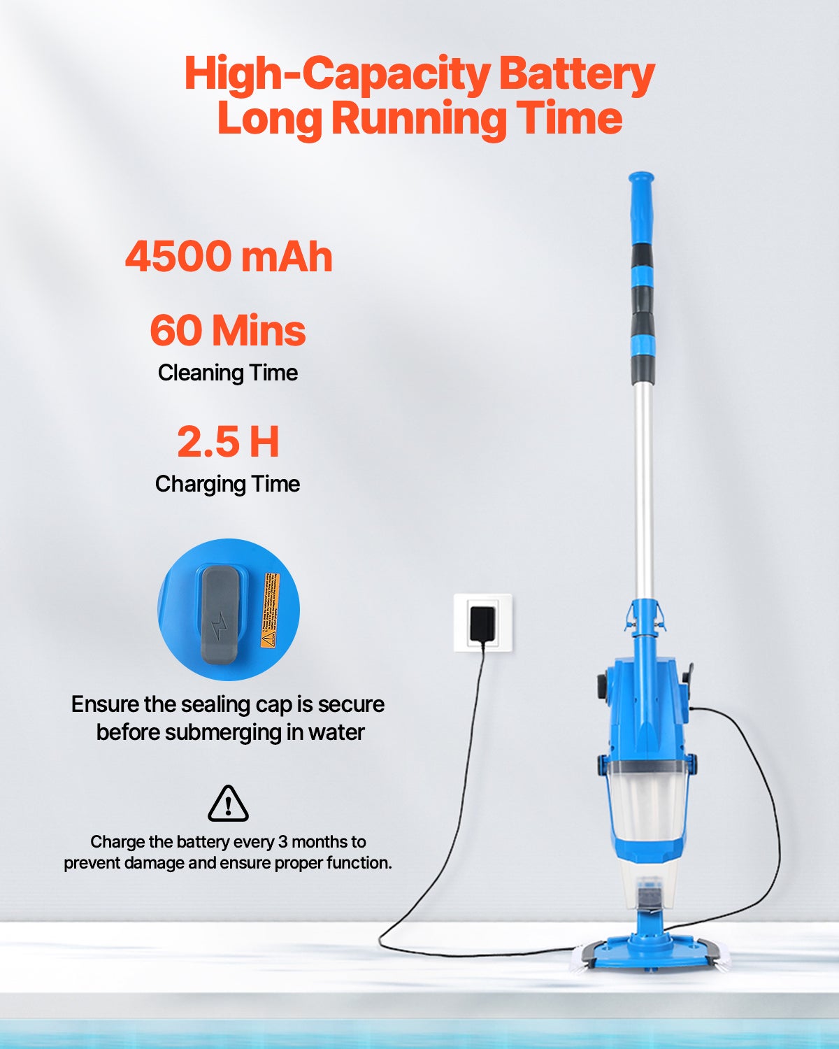 Aspirateur Piscine 100 L/min,VEVOR Nettoyeur Manuel Sans Fil,Rallonges,Aspiration Puissante,Rechargeable,1 Heure d'Autonomie,pour Piscines - 3