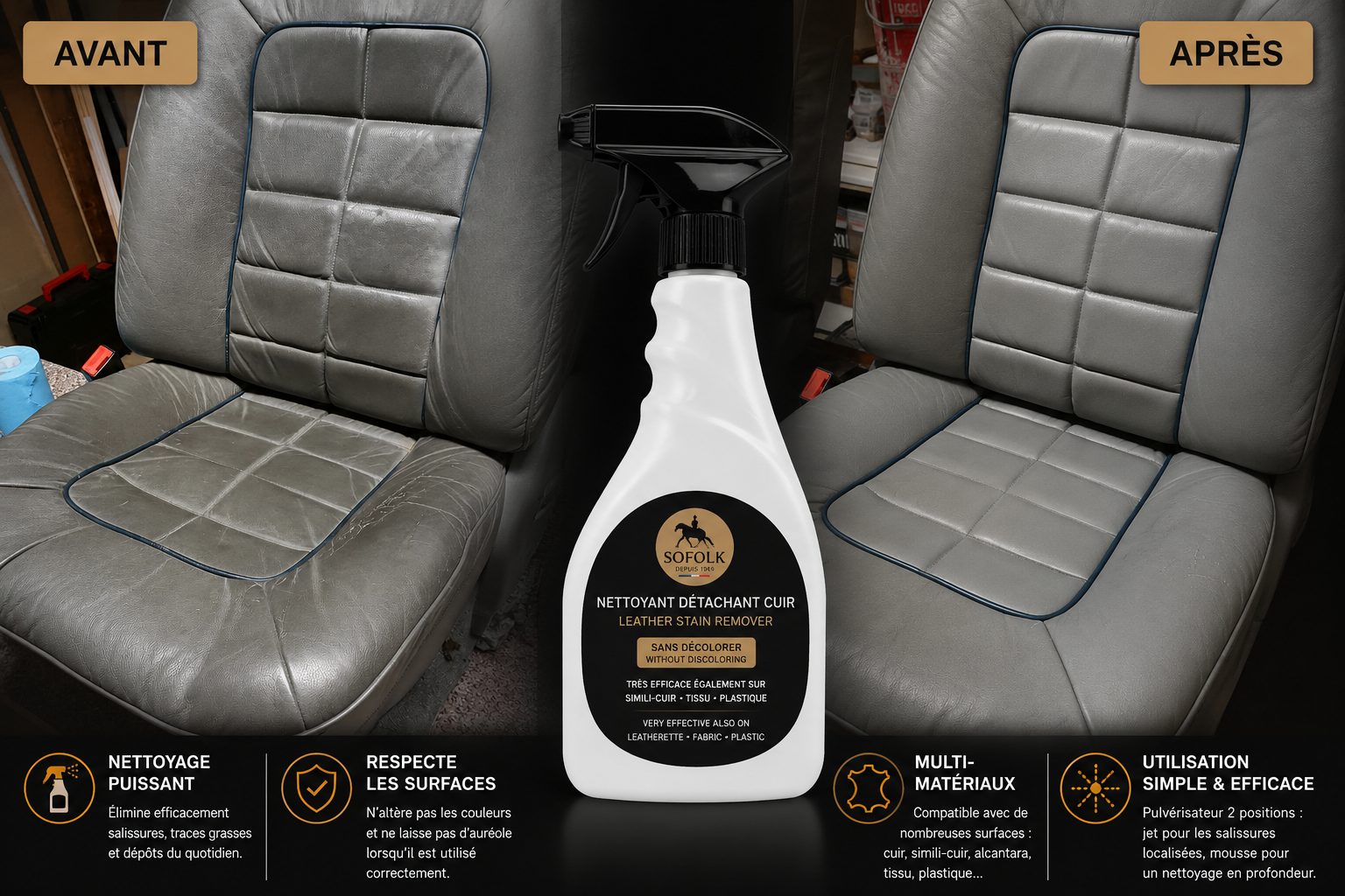Nettoyant Détachant Puissant : Cuir, Simili-Cuir, Tissu, Nubuck, Daim, Plastique SOFOLK Pulvérisateur 750ml - 7