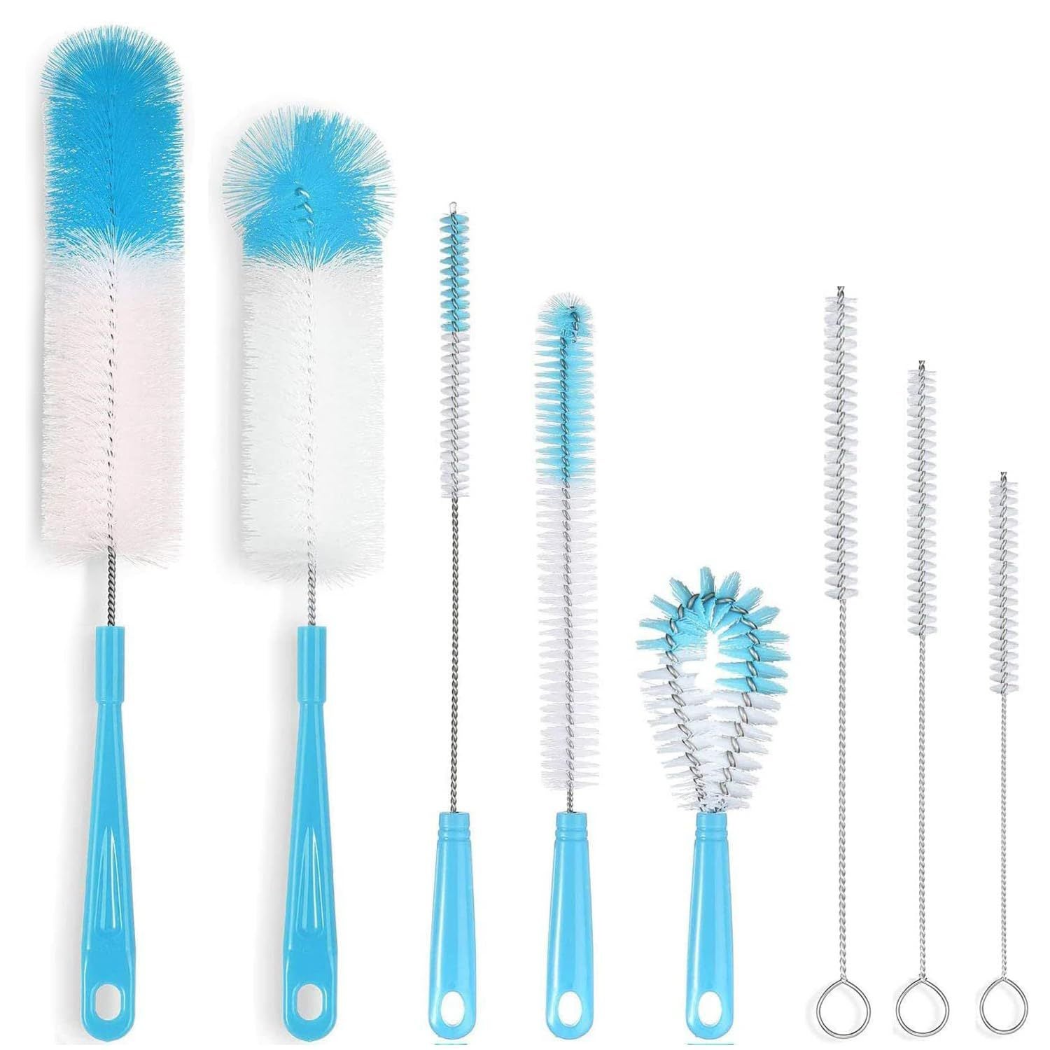 Zestaw 8 szczotek do czyszczenia butelek – niebieski środek do czyszczenia butelek – do czyszczenia wąskich butelek