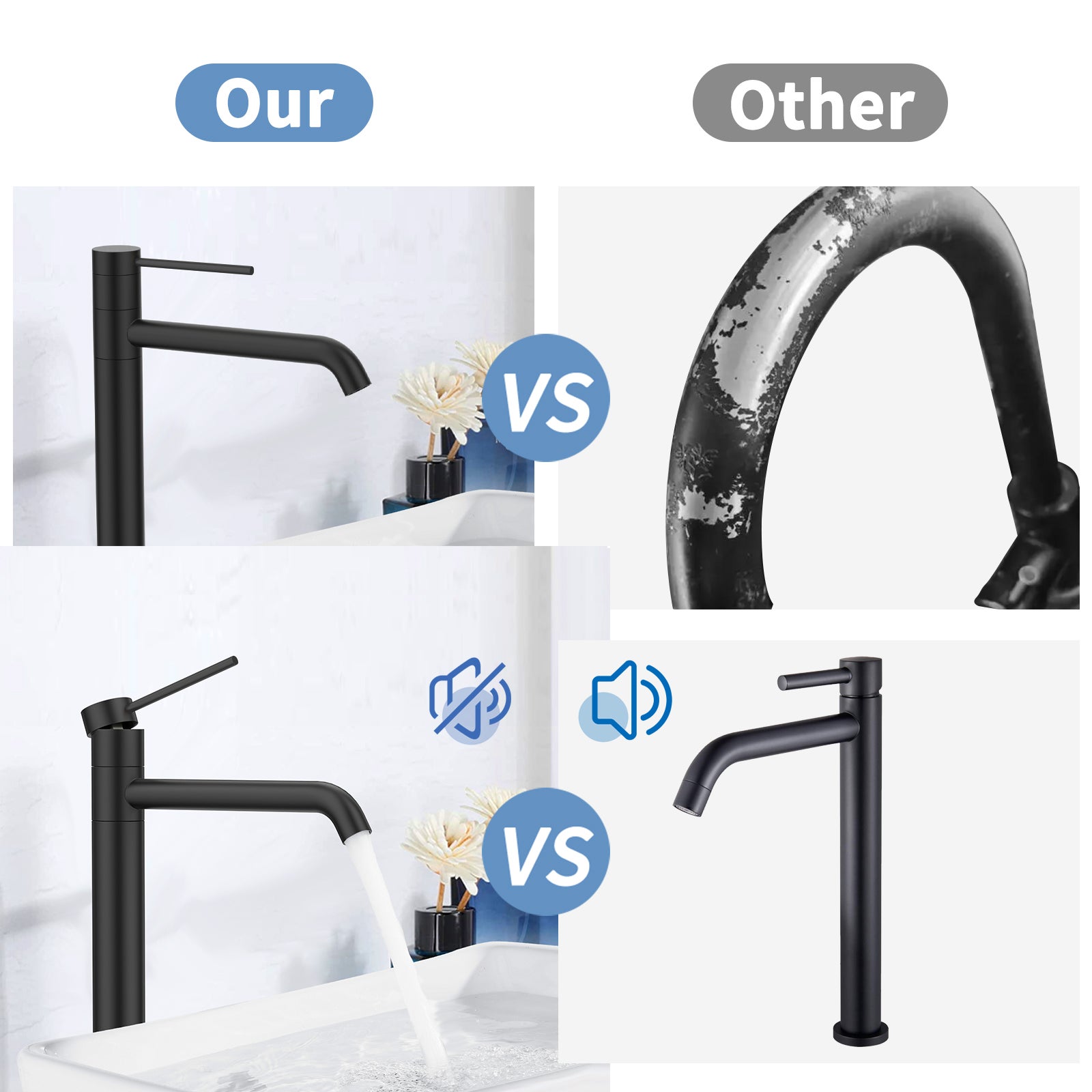 Mitigeur de Lavabo Noir Haut Bec en Inox SUS304 Robinet Salle de Bain Pivotant 360° Robinetterie Design Moderne pour Vasque - 5
