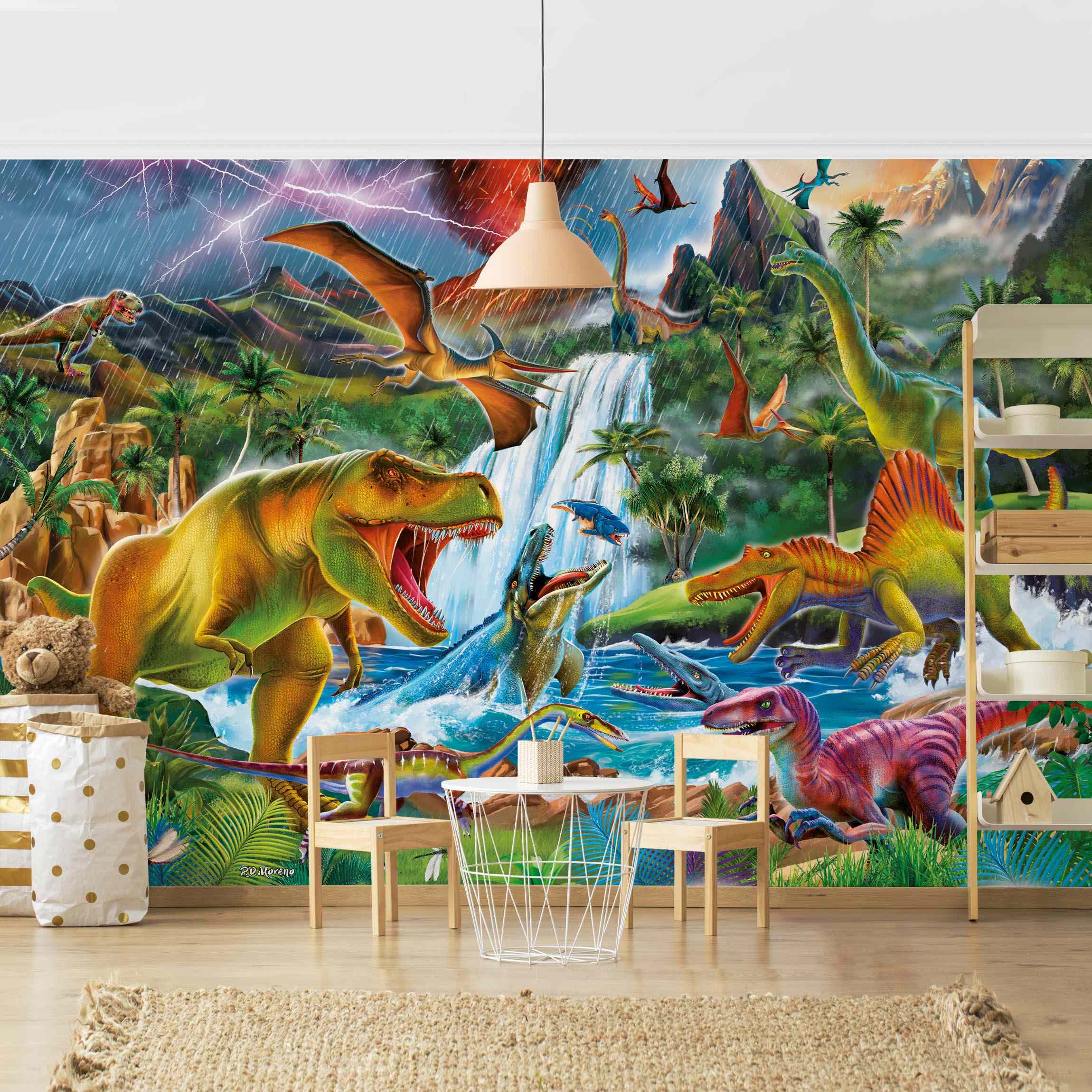 Papel pintado fotomural dinosaurios ilustración animales 283 - habitación infantil niño - tnt 336 x 225 cm adhesivo