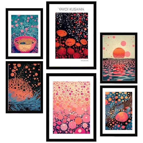 Set de 6 yayoi kusama wave and ramen japanise cuadros con ilustración de diseño para decorar las paredes del hogar. tienda. a3 y a4. marco negro