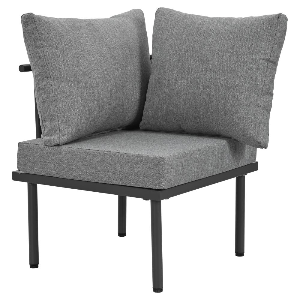 Salon de jardin 6 pièces en corde grise avec cadre en fer galvanisé, coussins inclus, table avec plateau en verre, pieds réglables - 7