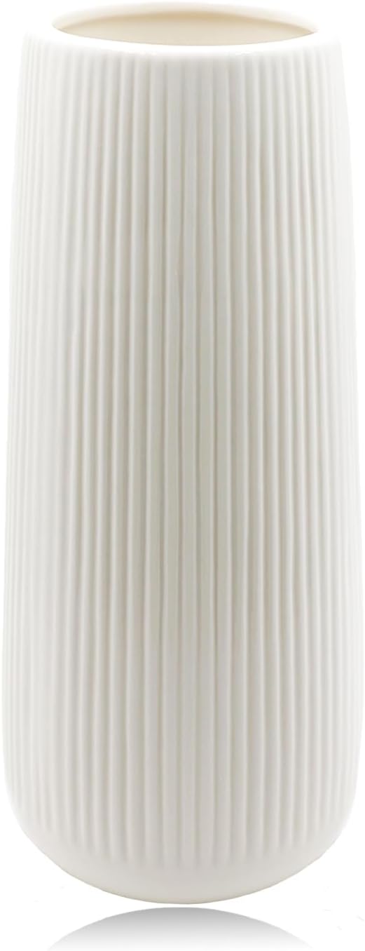 Biały ceramiczny wazon - 20 cm wysokości, glazurowany, żebrowany wazon na kwiaty - nowoczesny dekoracyjny wazon na świeże kwiaty i suszone kwiaty