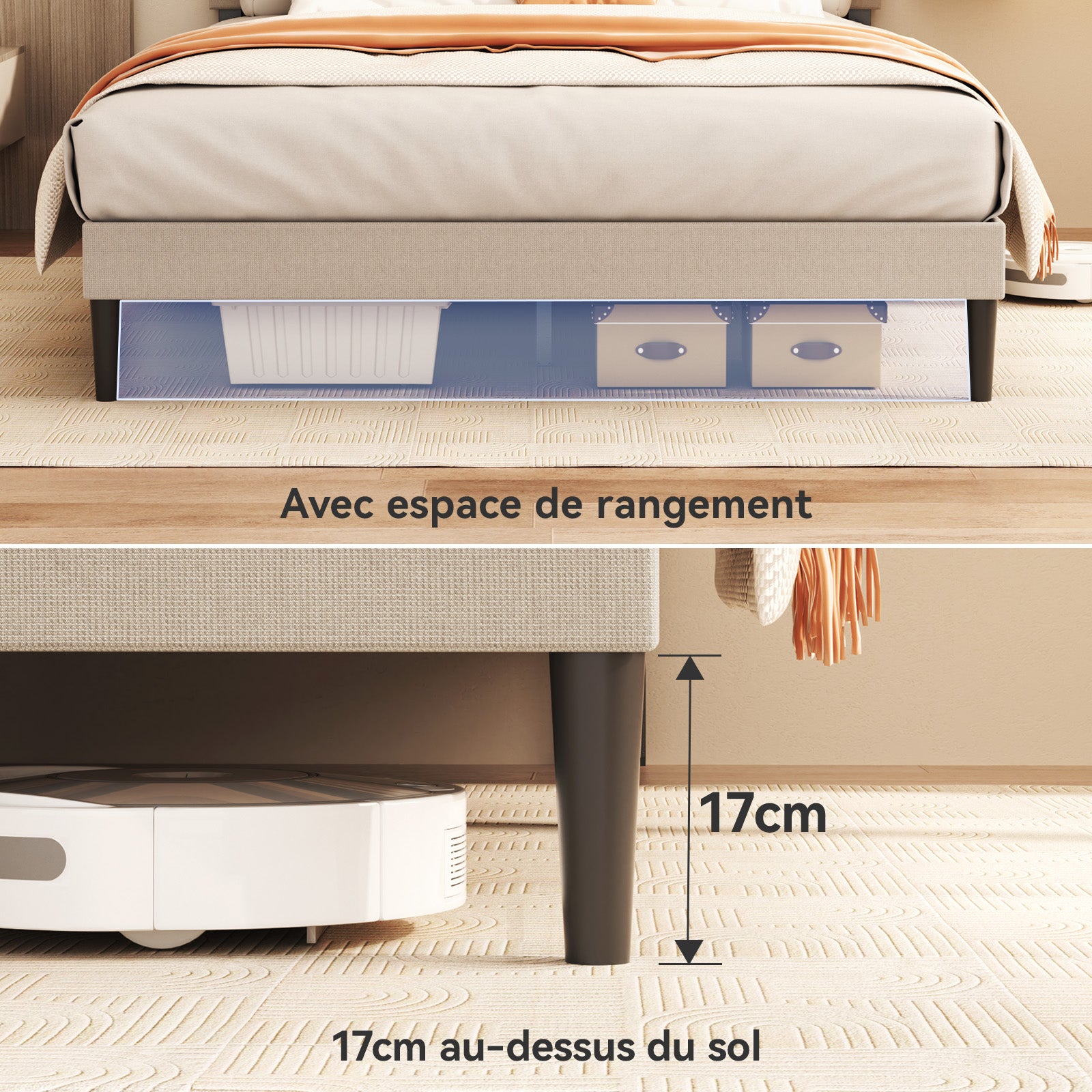 Lit 140x190 cm, Lit double, 480 kg, Rangement 17 cm, bois et métal, Sommier à lattes, métal, Silencieux, Stable, gain de place, tête de lit réglable - 5