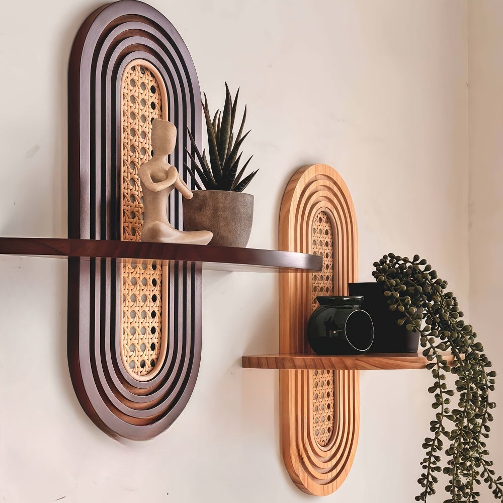 Etagère Murale Moderne En Rotin, Étagère Suspendue Bohème, Décoration Murale Arquée Pour Chambre À Coucher Et Salon, Couleur Bois Originale - 4