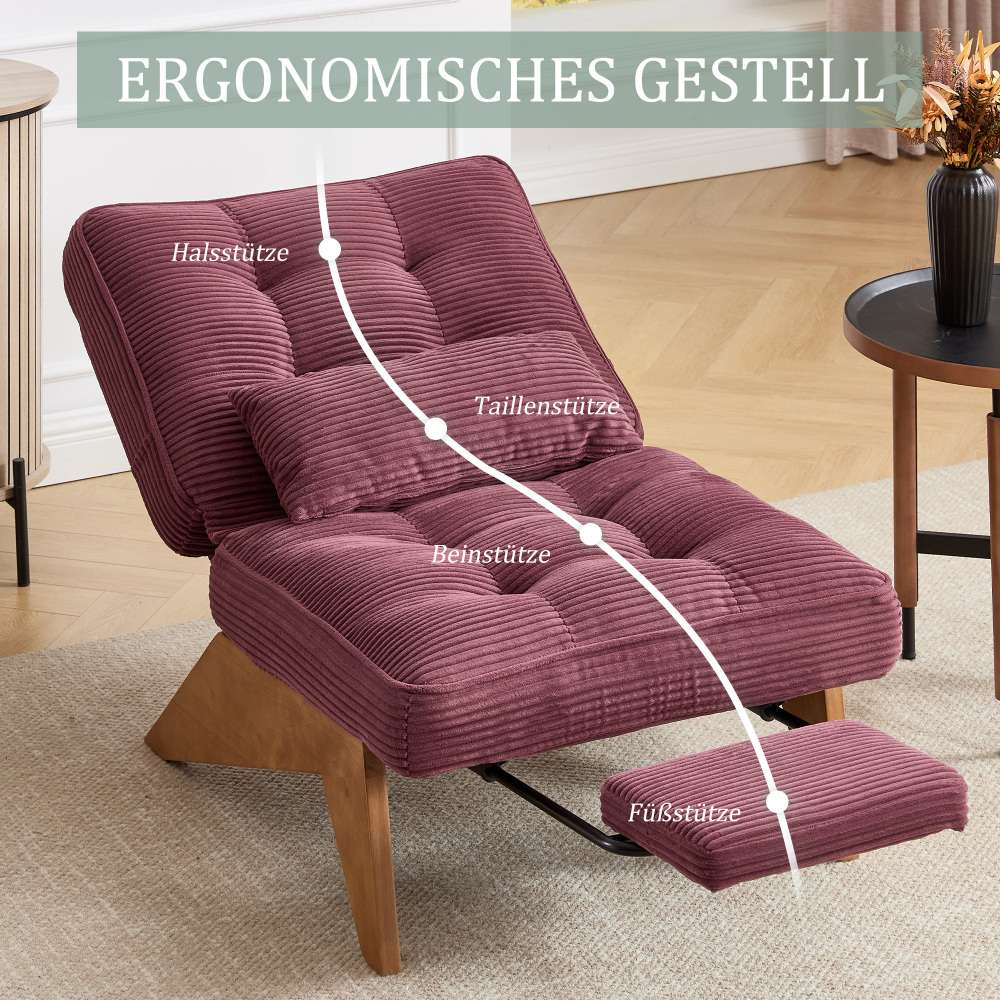 Fauteuil relax moderne en velours côtelé réglable avec repose-pieds, coussin lombaire et pieds en bois massif - 4