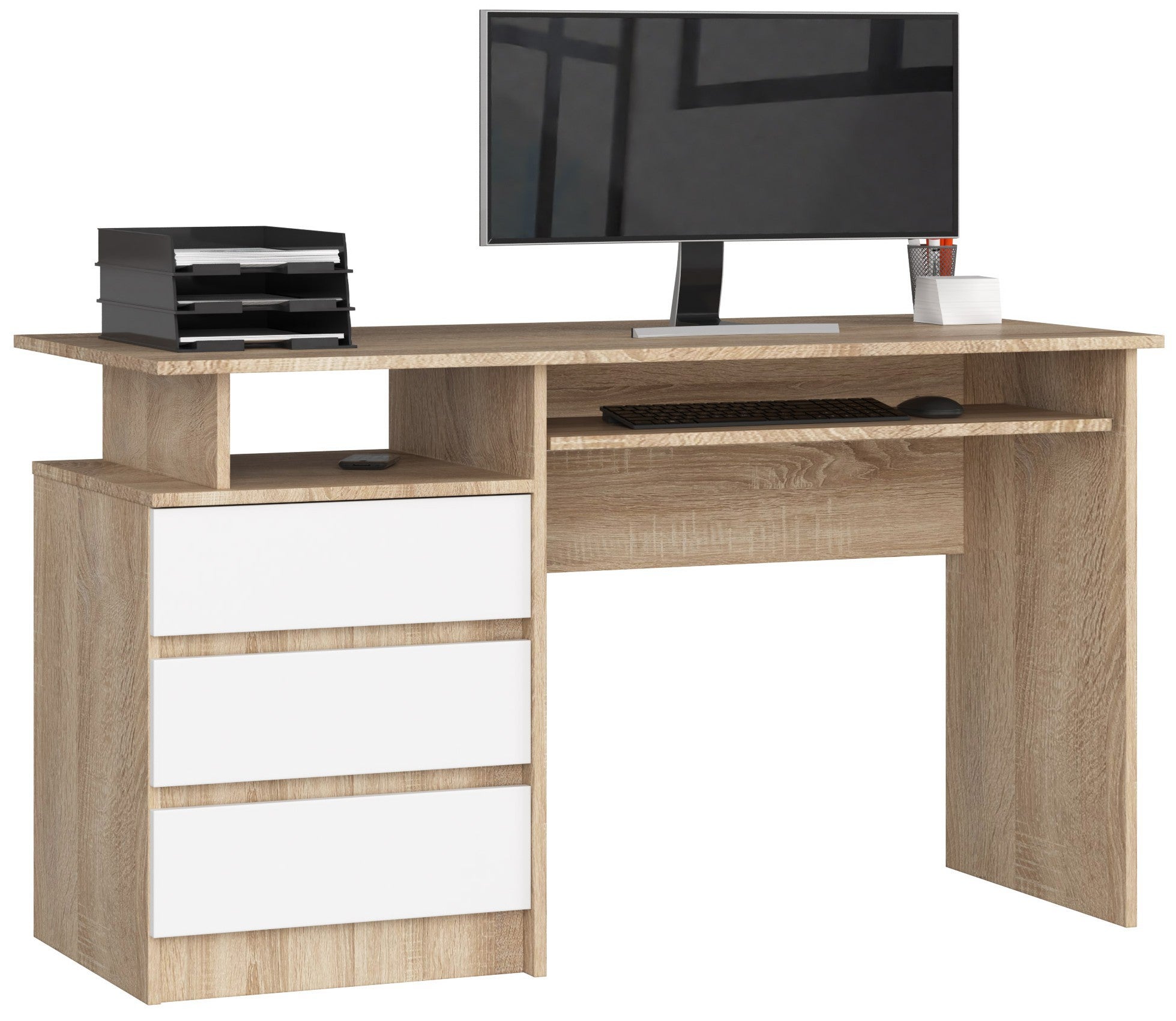 Biurko AKORD CLP Dąb Sonoma 135 cm 3 szuflady kolor Biały mat 2 półki 135x60x77 cm