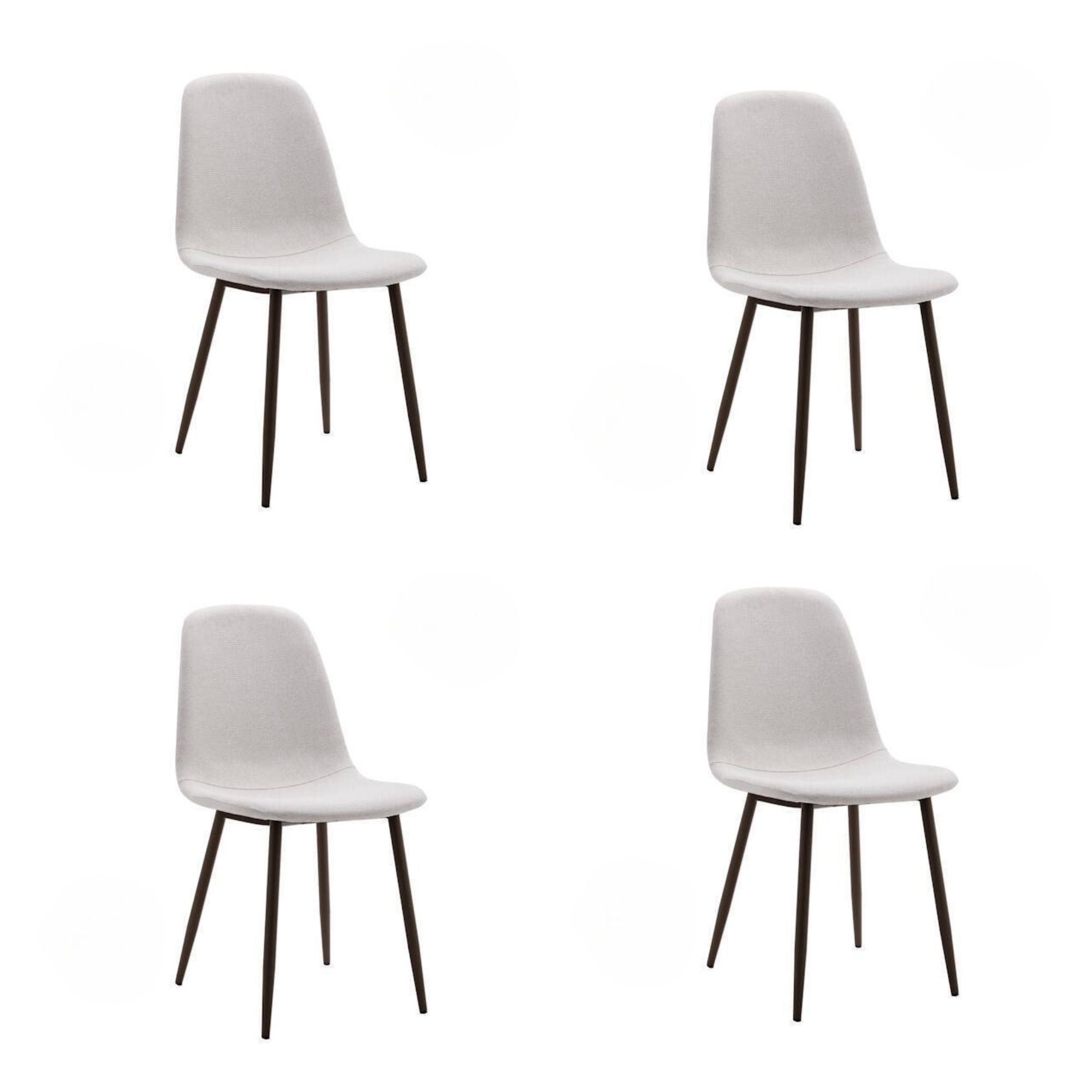 Pakiet 4 krzeseł z jasnobeżową tkaniną tapicerowaną, metalowe nogi z czarnym wykończeniem, wymiary 44x53x86 cm