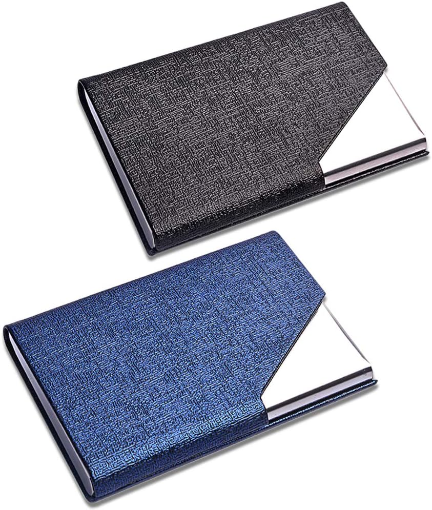 Lot De 2 Porte-Cartes De Visite Luxe Cuir PU & Acier Inox - Magnétique, Fin, Professionnel, Noir & Bleu