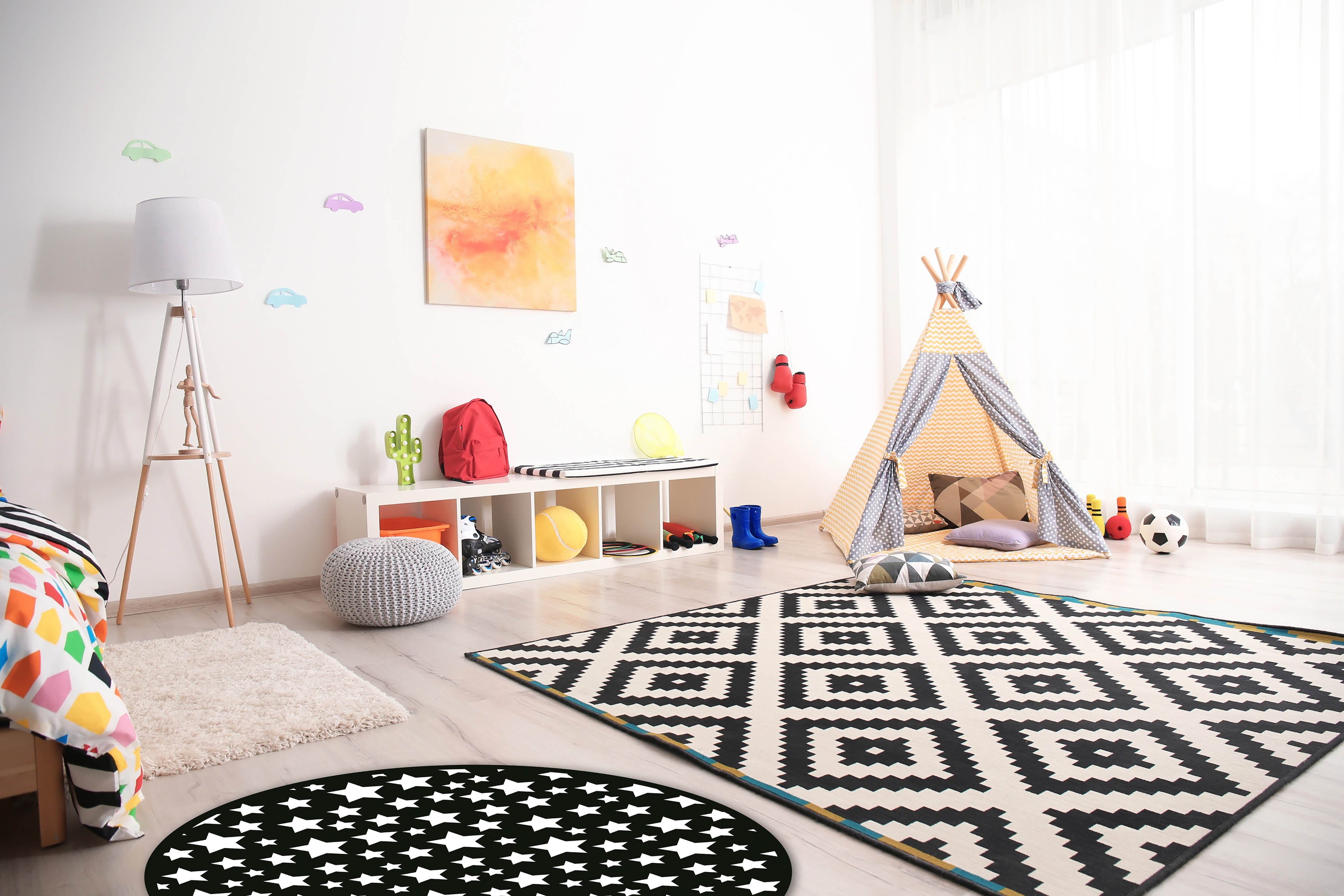 Panorama Tapis du Sol - Modèle Étoiles pour enfants rondes noires 150x150 cm - Tapis Vinyle de Cuisine, Chambre - 2