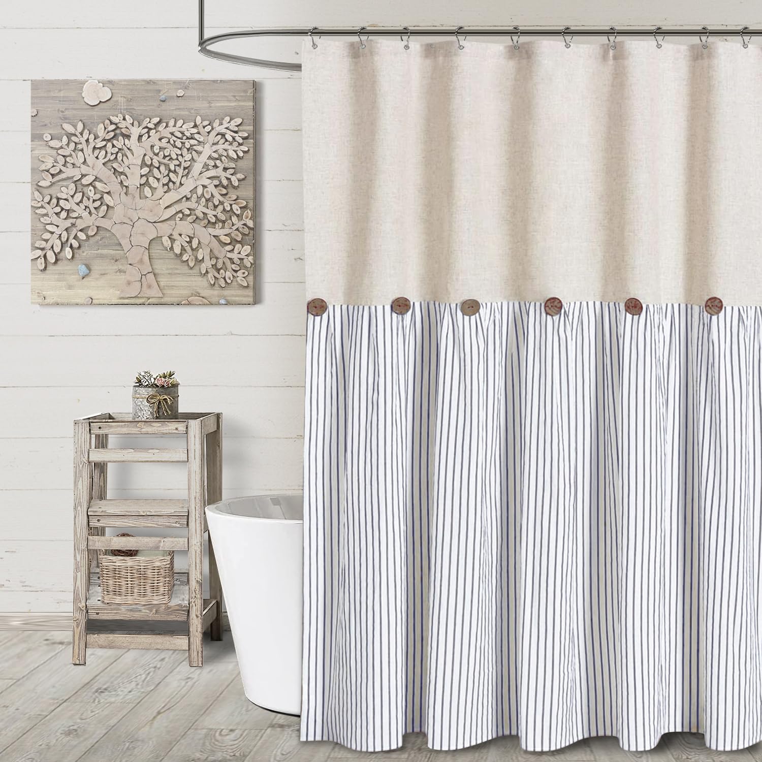 Awellife Tenda da doccia blu con nappe, a righe, in cotone, 183 x 183 cm