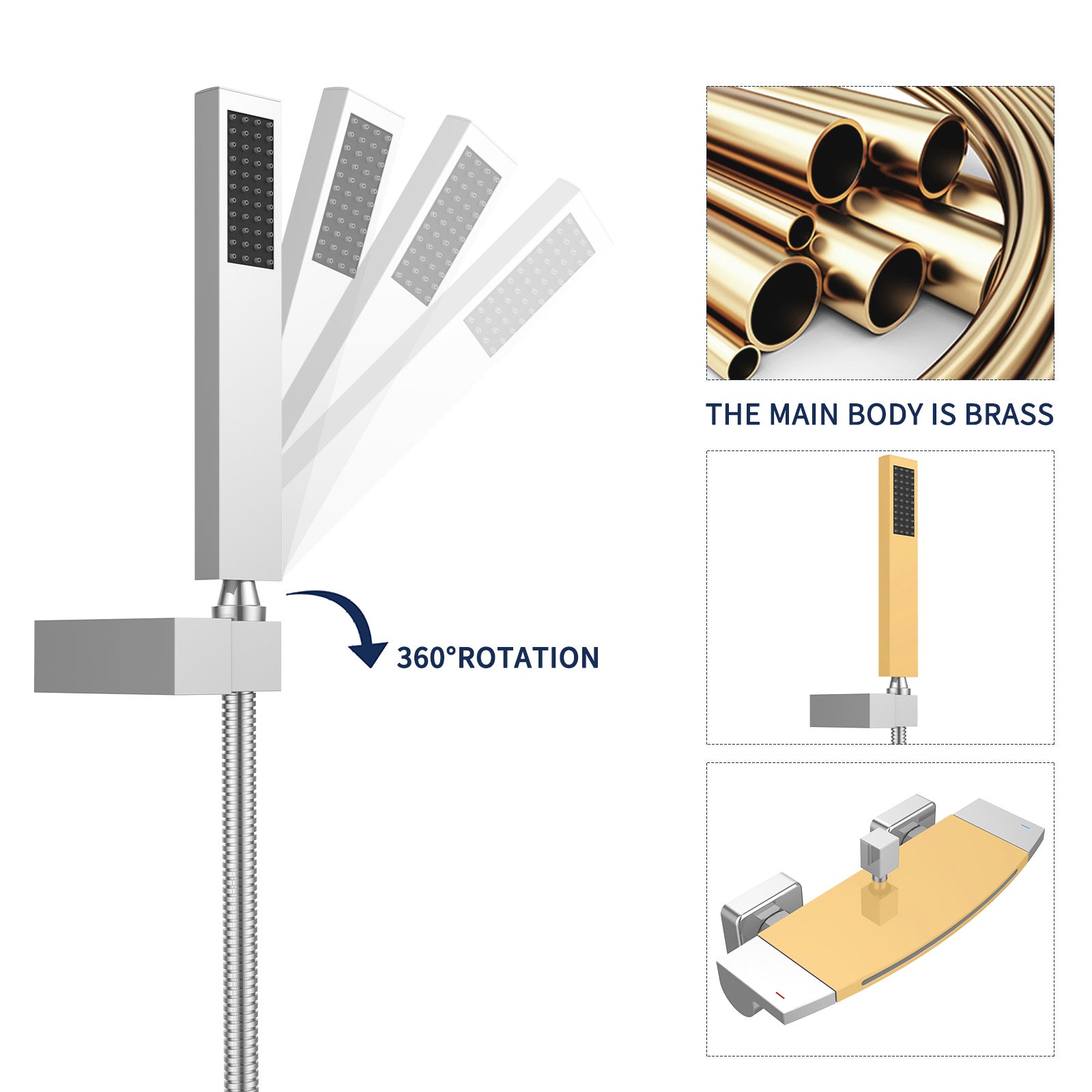 Mitigeur de Baignoire Cascade Robinet de Douche Mural avec Douchette à Mains Laiton Set de douche en Laiton Chromé - 6