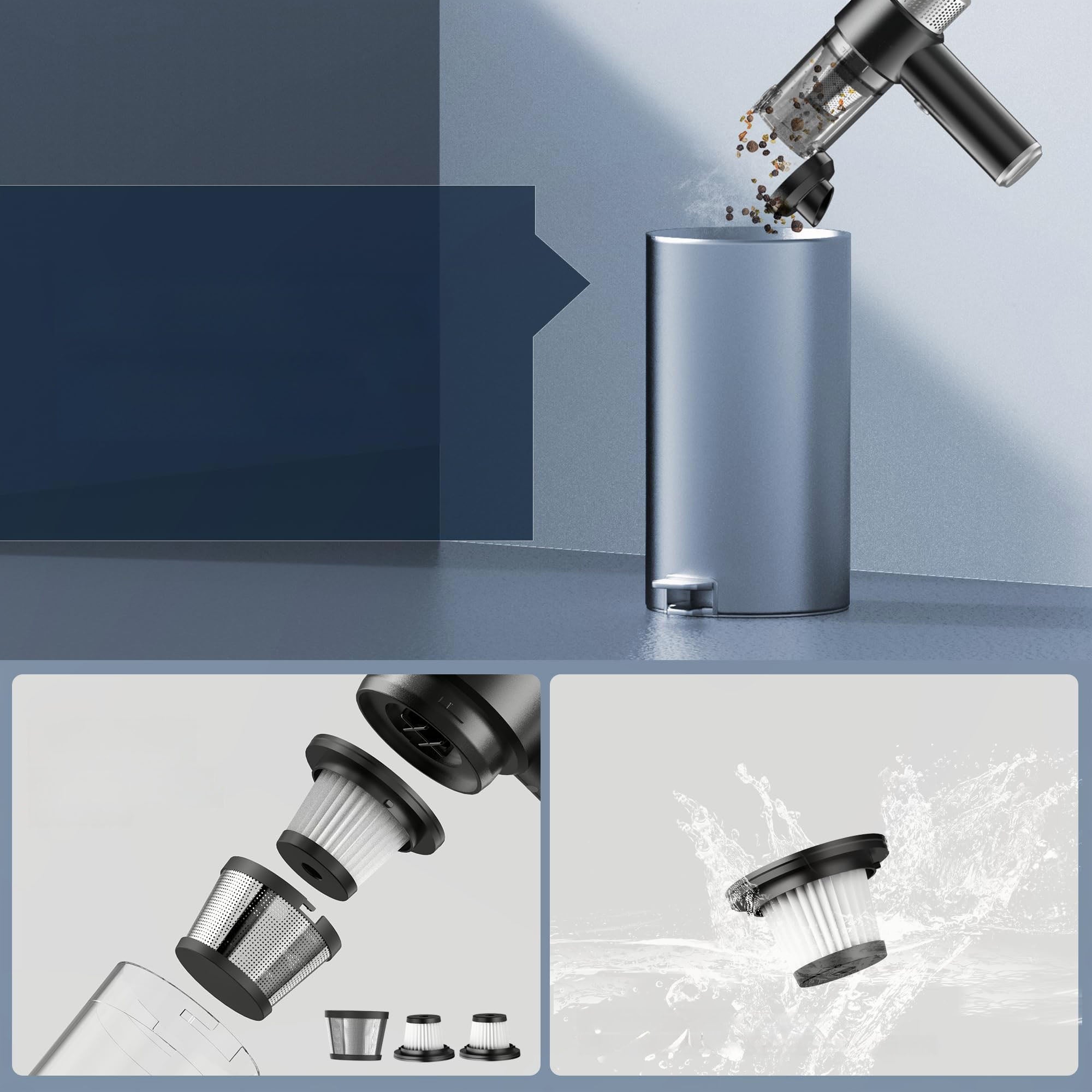 Aspirapolvere portatile, piccolo aspirapolvere, nero e argento, standard 6500PA+1 elemento filtrante - 7