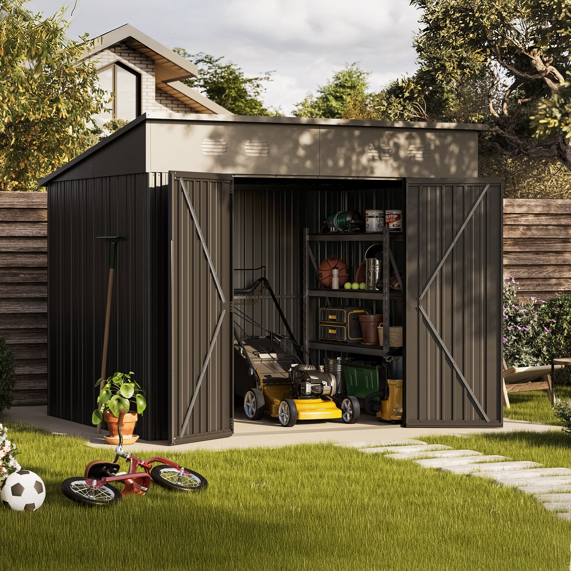 Abri de jardin métal Pioneer Y70 - Structure autoportante - Portes renforcées - Serrure avec clé incluse - Piliers en V - Cabane extérieur 5,66m2 - 2