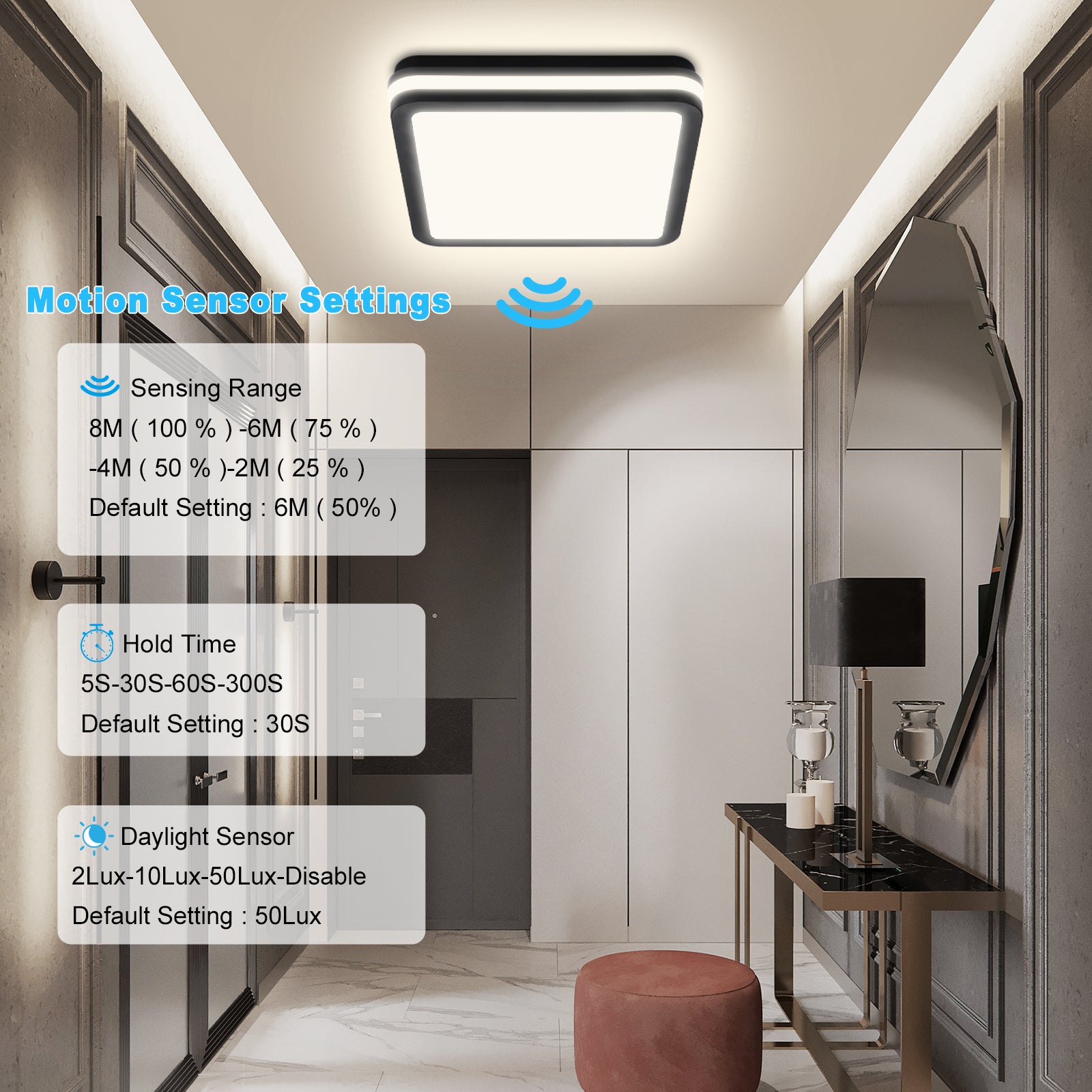 Plafon LED z czujnikiem ruchu 24W 4000K, kwadratowa lampa sufitowa LED 26×26 cm, IP54, do łazienki, przedpokoju i piwnicy, LOVHAUS - 9