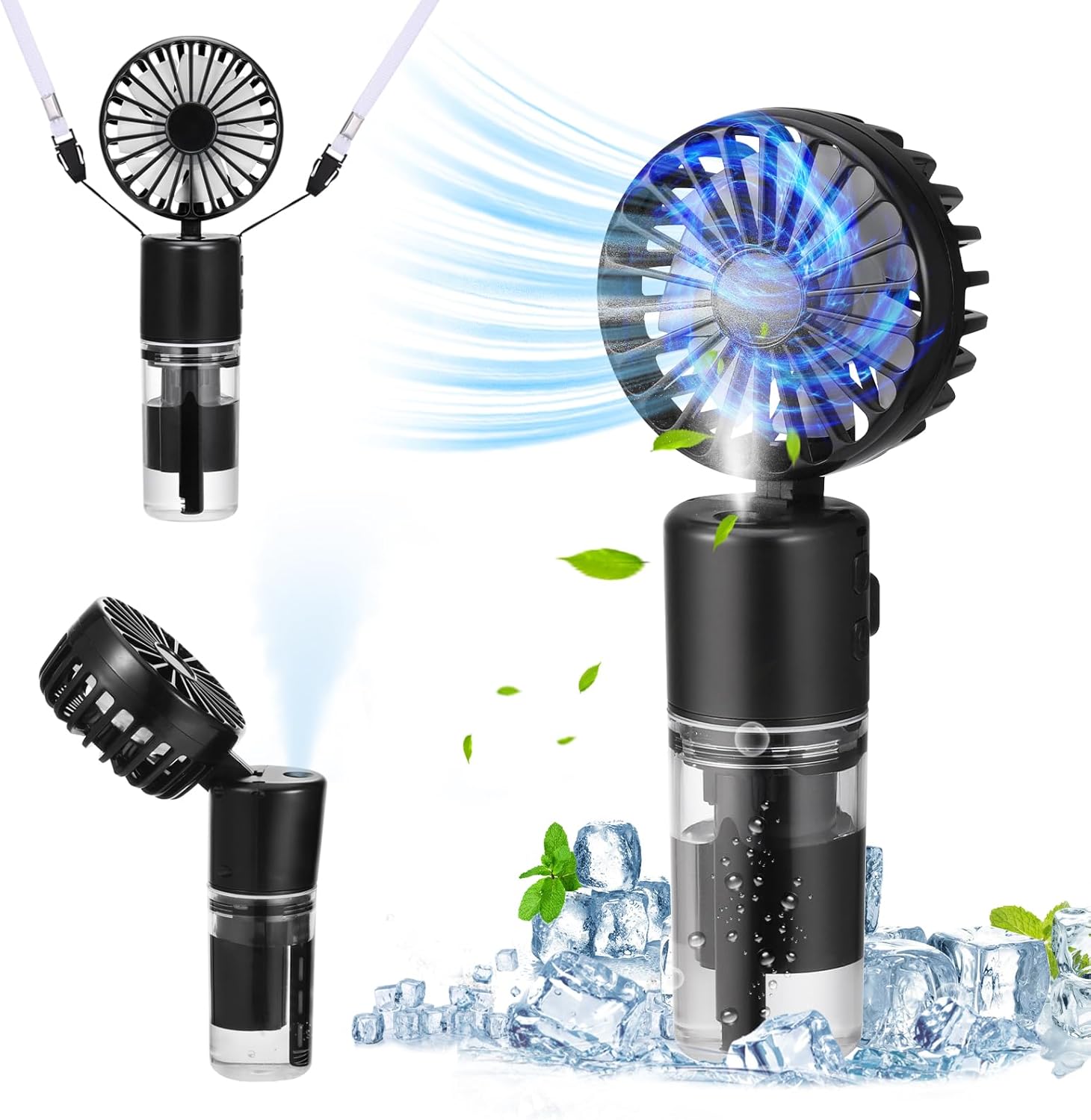 Miniaturowy wentylator przenośny, wentylator wiszący na szyję, składany, cichy wentylator, odpowiedni do użytku na zewnątrz i w podróży, czarny