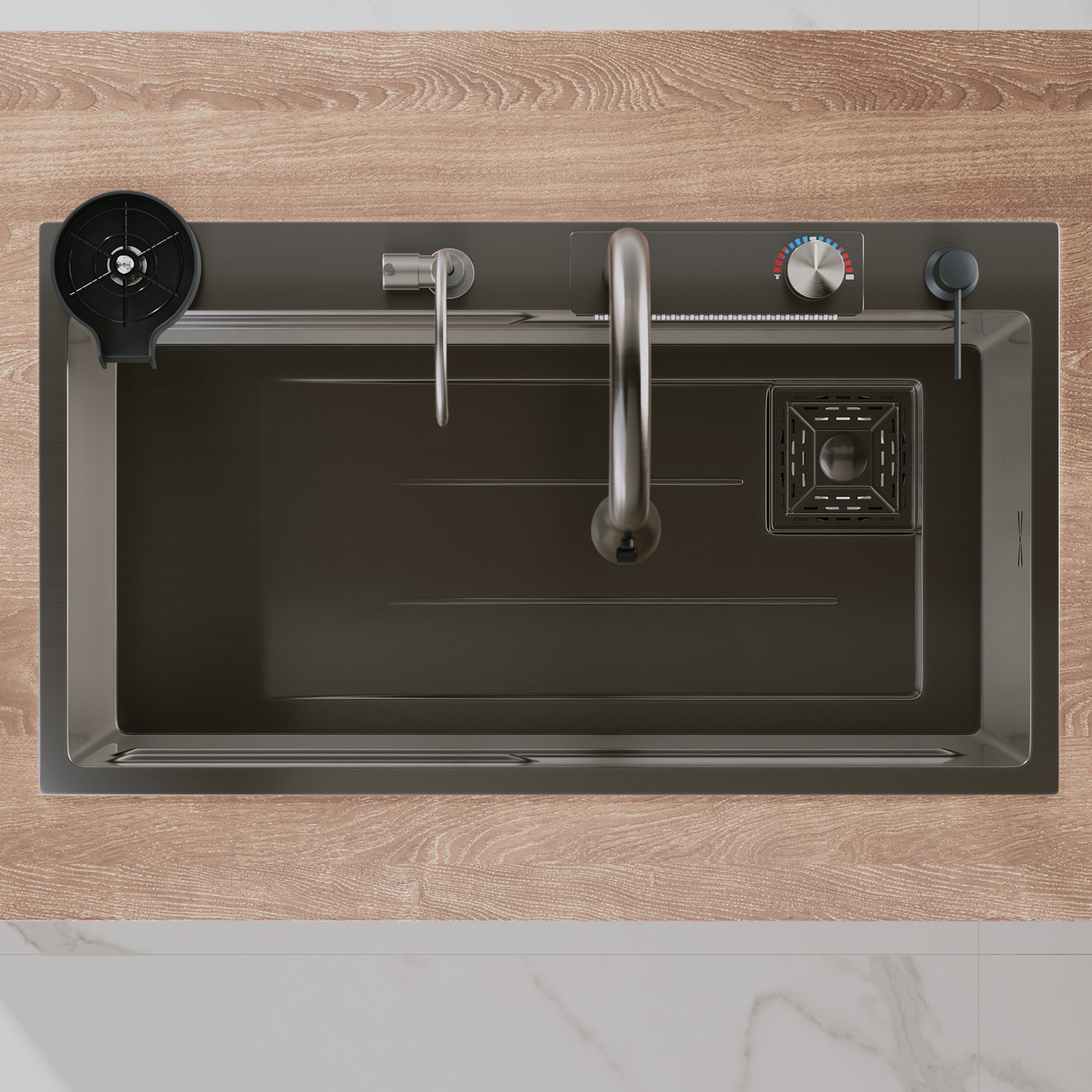 SIRHONA Évier de Cuisine Multifonctionnel Cascade 80x45 cm Robinet Extractible 3-en-1 Acier Inox 304 Anti-éclaboussures & Insonorisé - 3