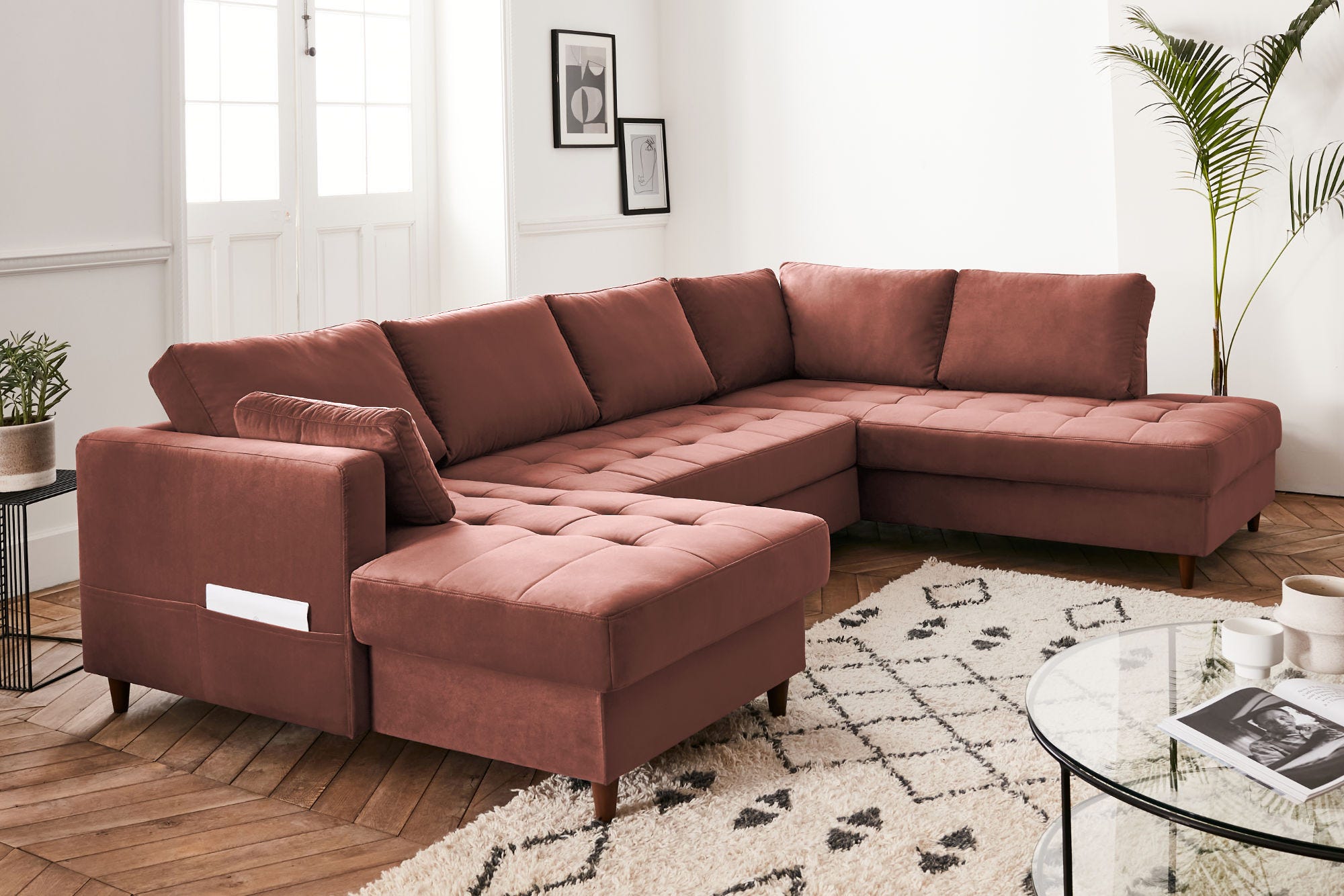 Canap Panoramique 7 Places Angle Droit En Velours Rose ANNA Best canap-panoramique-7-places-angle-droit-en-velours-rose-anna-best