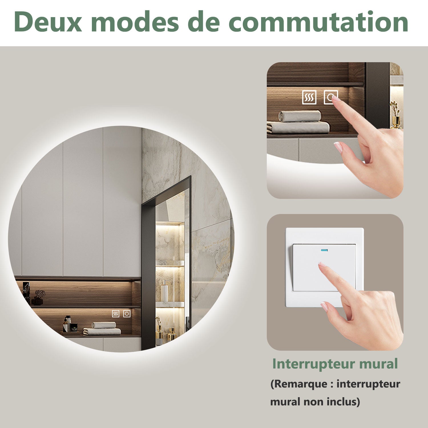 AICA Miroir lumineux rond 60 x 60cm, 3 couleurs + dimmable + anti-buée + mémoire, miroir salle de bain led - 6