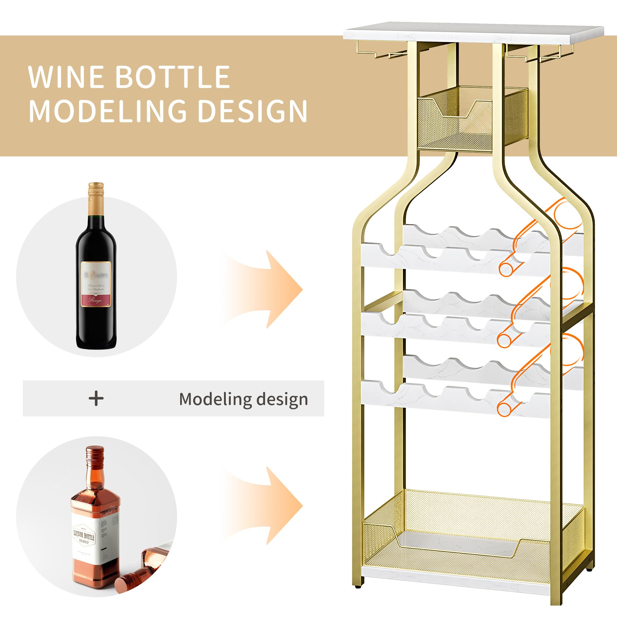 Estante de vino independiente oro, soporte para botellas Y copas, mesa ...
