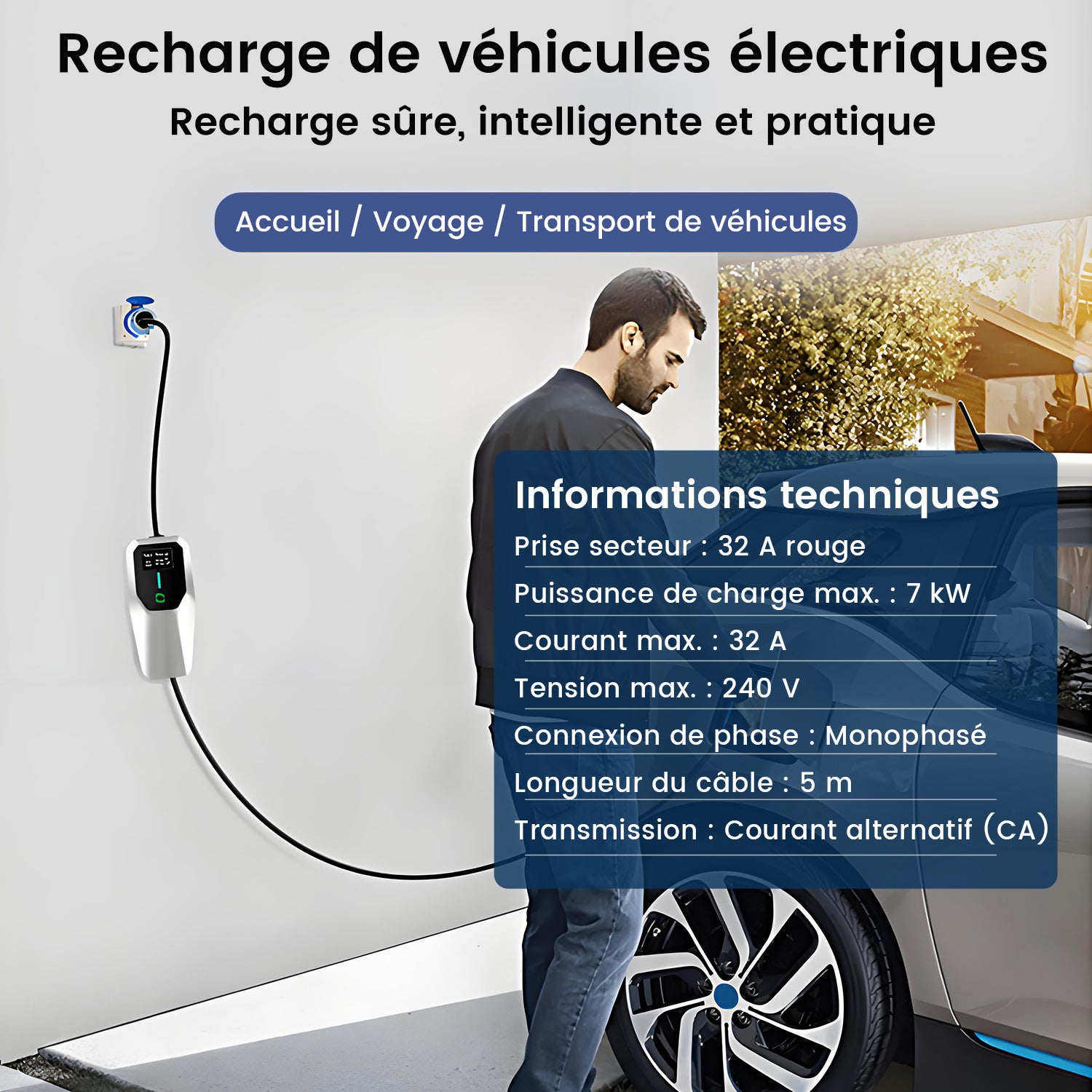 AWESAFE Carregador Portátil para Veículos Elétricos 7 kW 32A Monofásico Tipo 2 - Cabo de 5m com tomada Schuko, Certificação IEC62196 & IP67 - 2