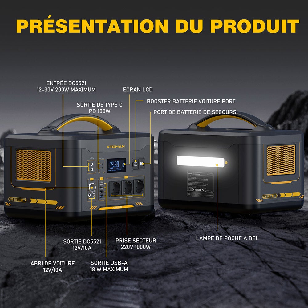 Station d'Énergie Portable VTOMAN Jump 2200 2200W, 1548Wh LiFePO4, Capacité Extensible 3096Wh - 2