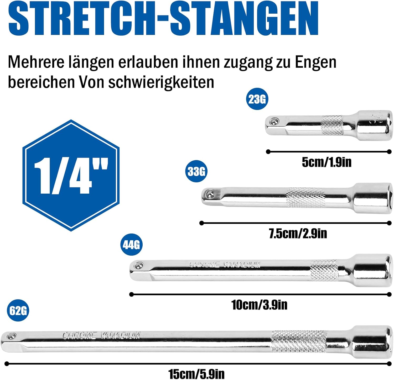 Rallonges de clés à douille Jeu de 4 rallonges 1/4 pouce | 50mm, 75mm, 100mm, 150mm, Prolongateur Cliquet, pour Clé à Cliquet Manuelle/Pneumatique - 2