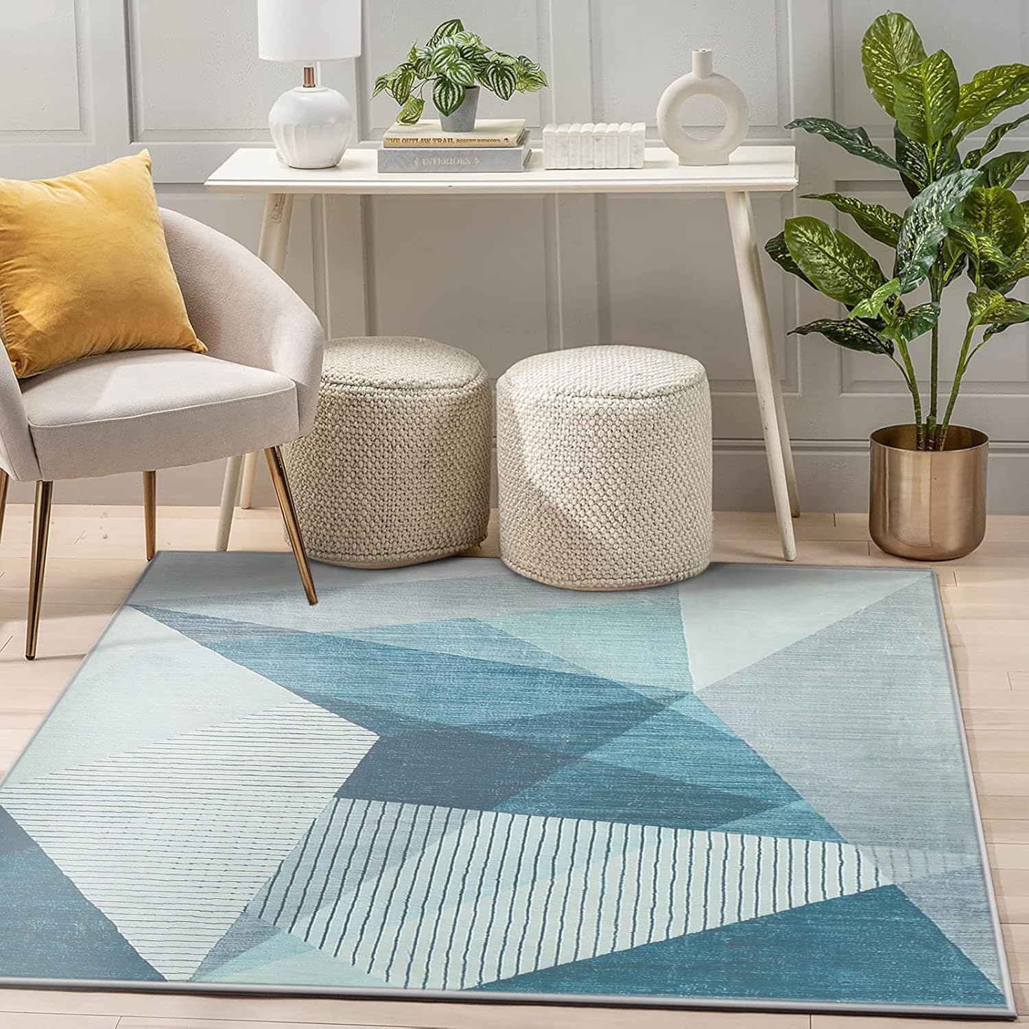 Tapis à motif géométrique pour salon, bleu, gris, moderne, abstrait, grand tapis de salon, antidérapant, doux (bleu gris, 160 x 120 cm) - 2