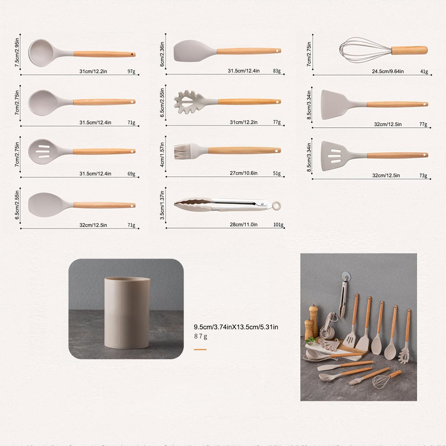 Lote 12 Utensilios de Cocina de Silicona y Mango de Madera con Soporte - 4