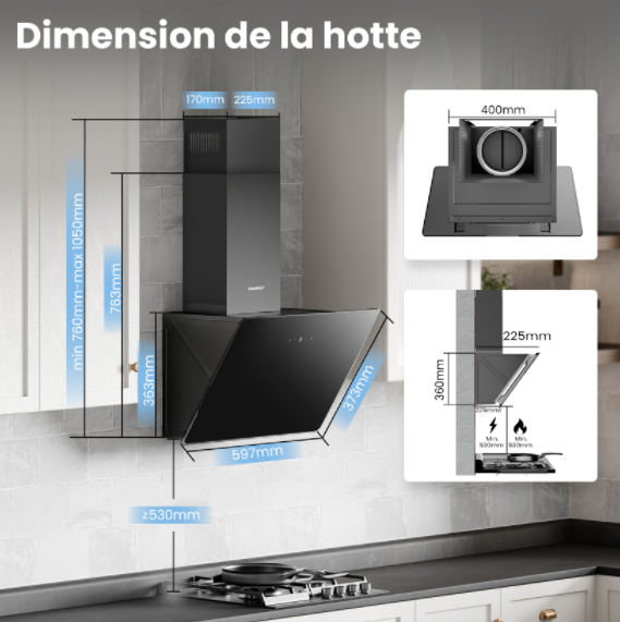 COMFEE Hotte Aspirante Inclinée 60cm - 400m³/h - Commandes Sensitives - 3 vitesses - 2 Filtres à Charbon - Verre Noir - 9