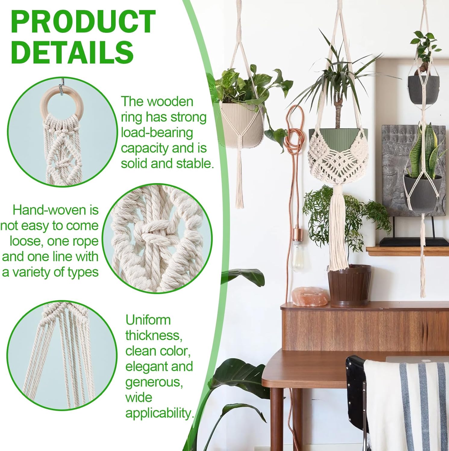 4 Pièces Suspension Macramé pour Plante Macramé Plante Suspension Tissés à La Main pour Décoration de la Maison Jardinage - 3