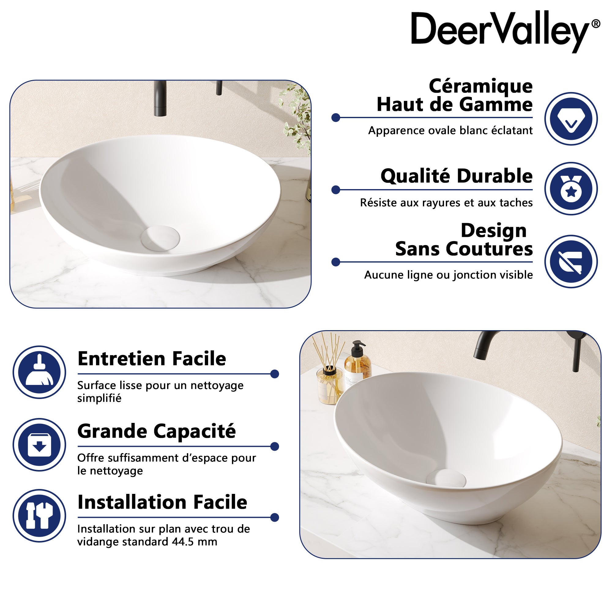 Vasque à Poser Salle de Bain Ovale DeerValley – Vasque a Poser en Céramique Blanc, 41 x 33 x 14.5cm - 2