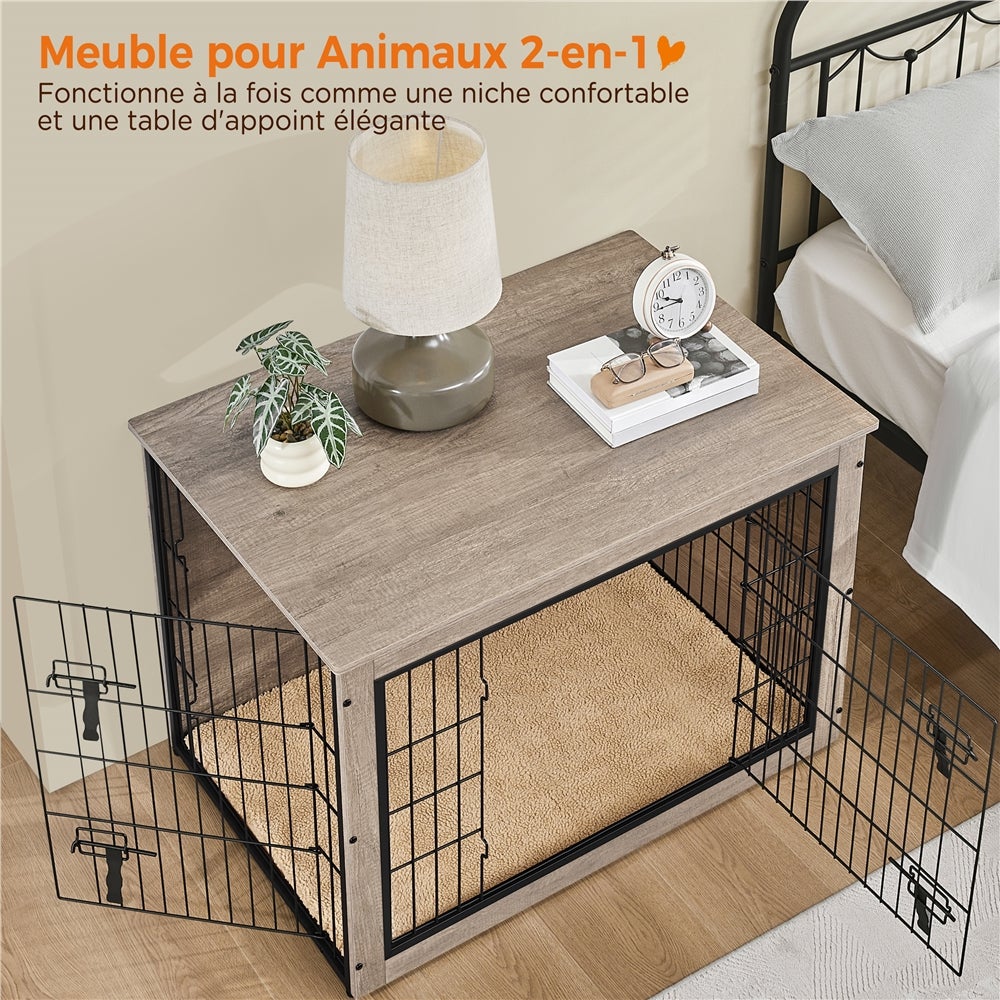 Cage pour Chien en Bois avec 2 Portes Grillagées à Double Serrure et Tapis Pelucheux, Gris Yaheetech - 3