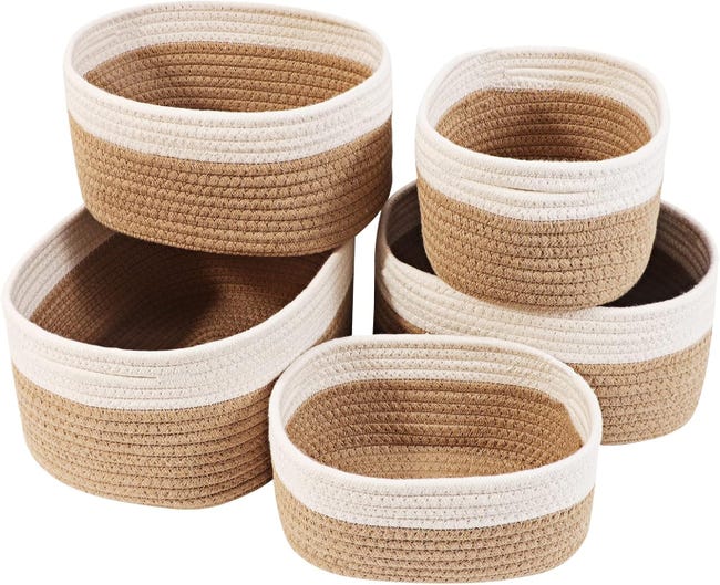 Zestaw 5 plecionych bawełnianych koszy do przechowywania do łazienki, kuchni, przewijaka, organizera, ozdobnego pudełka dla dziecka i niemowlęcia