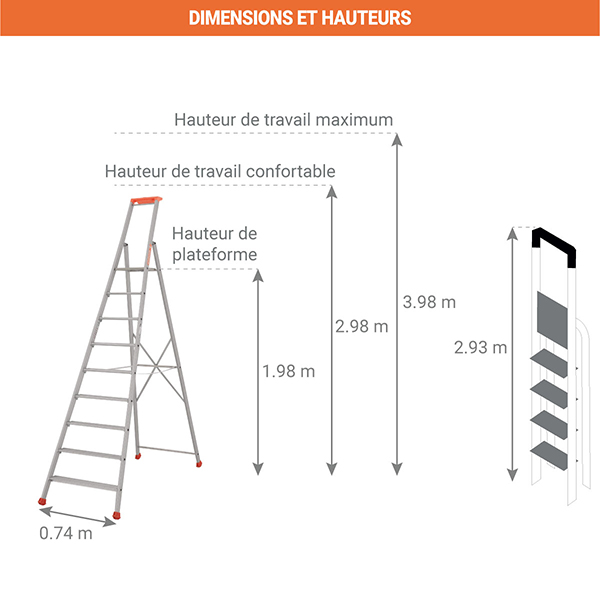 Escabeau 9 marches - Hauteur de travail max. 3,98m - 2370009R - 2