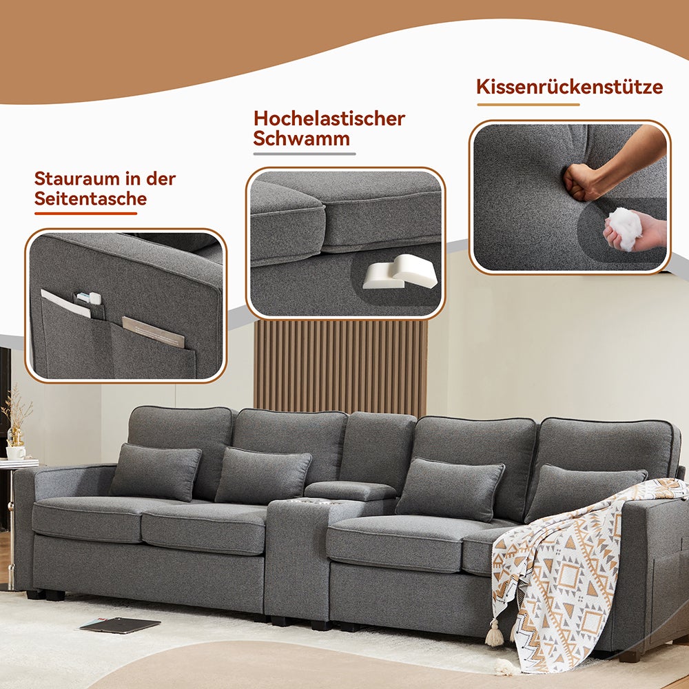Canapé droit 4 places avec poches accoudoirs et 4 coussins pour le salon l'appartement le bureau avec console 2 porte-boissons Gris foncé - 7