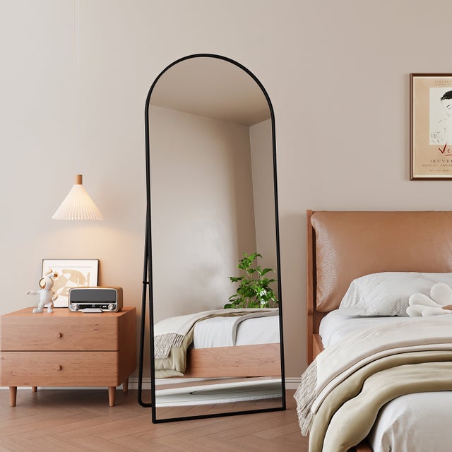 KEFSR Miroir sur Pied Arqué 162 x 53cm,Miroir Mural avec Support,Cadre en Alliage d’Aluminium,Verre Trempé,Grand Miroir pour Chambre,Salon(Noir)